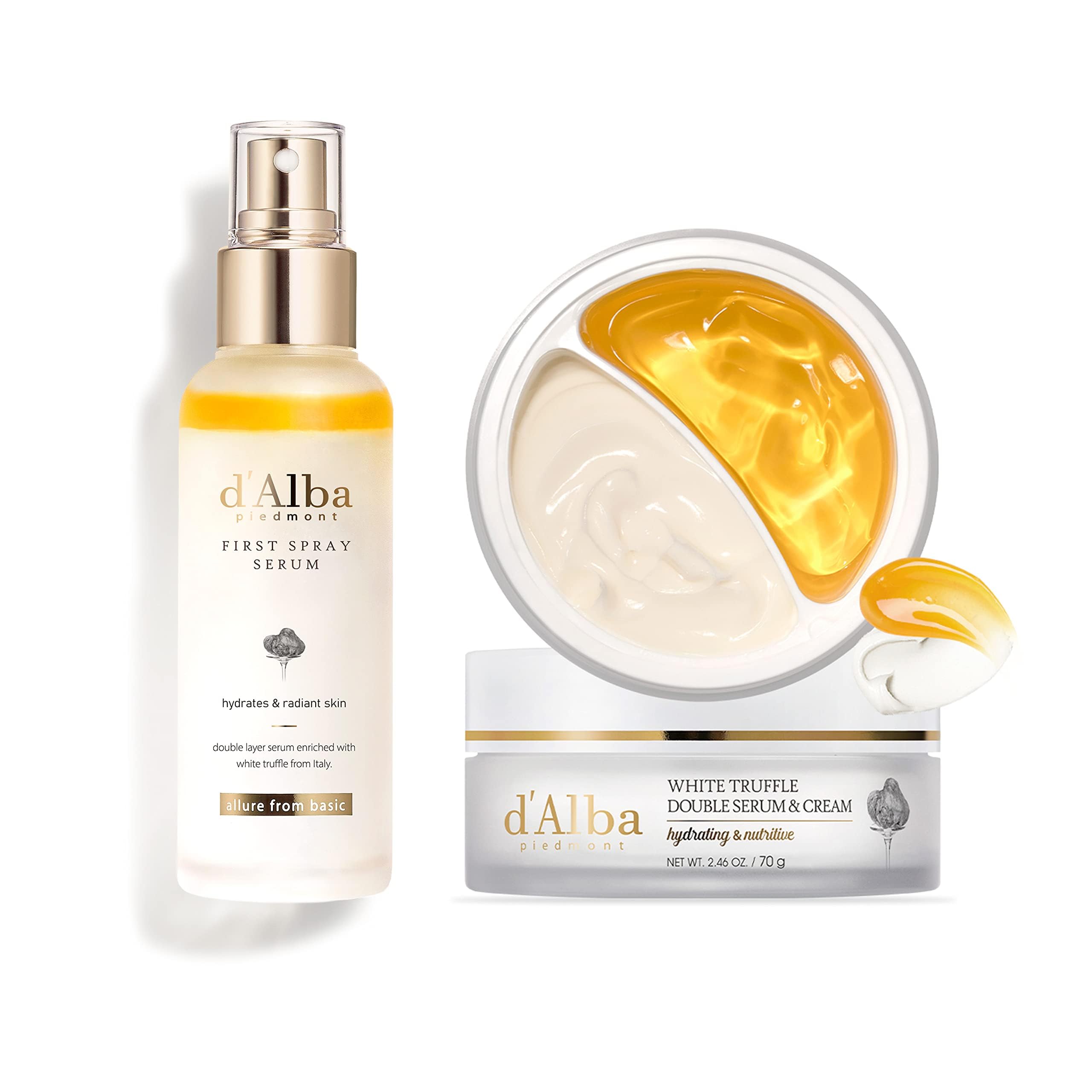 D'alba Piedmont White Truffle First Spray Serum & Double Serum Cream Set - 100ml & 70g Face Moisturizer for All Skin Types, Non-Comedogenic Hydration | Anti-Aging Skincare Routine for Day & Night Use