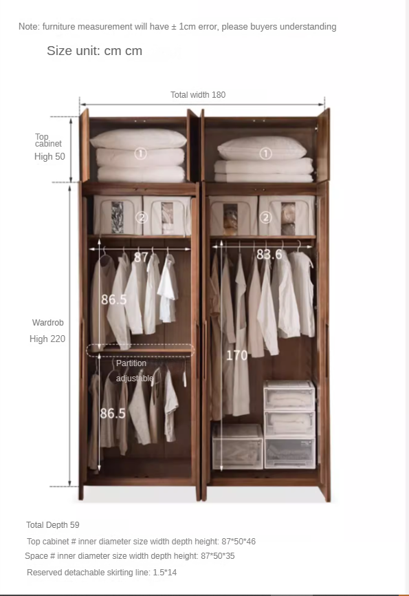 Premium Black Walnut Solid Wood Wardrobe - Double Door Closet with Mirror | Spacious Storage for Bedroom, Walk-in Closet & Guest Room Organization