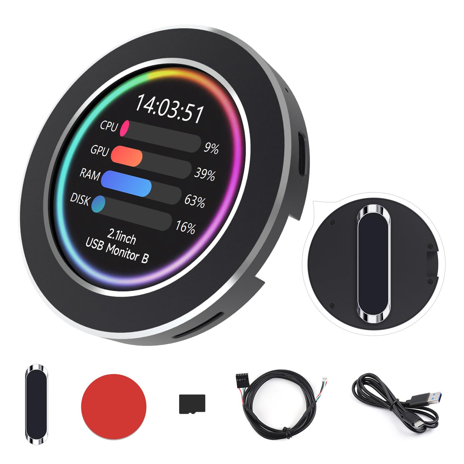 2.1inch Round LCD CPU/GPU Temperature Monitor - Waveshare AIO Water Cooling System Display with Sensor Panel for Gaming PC Builds | Perfect for Custom PC Mods, Overclocking & Performance Tracking (Black)