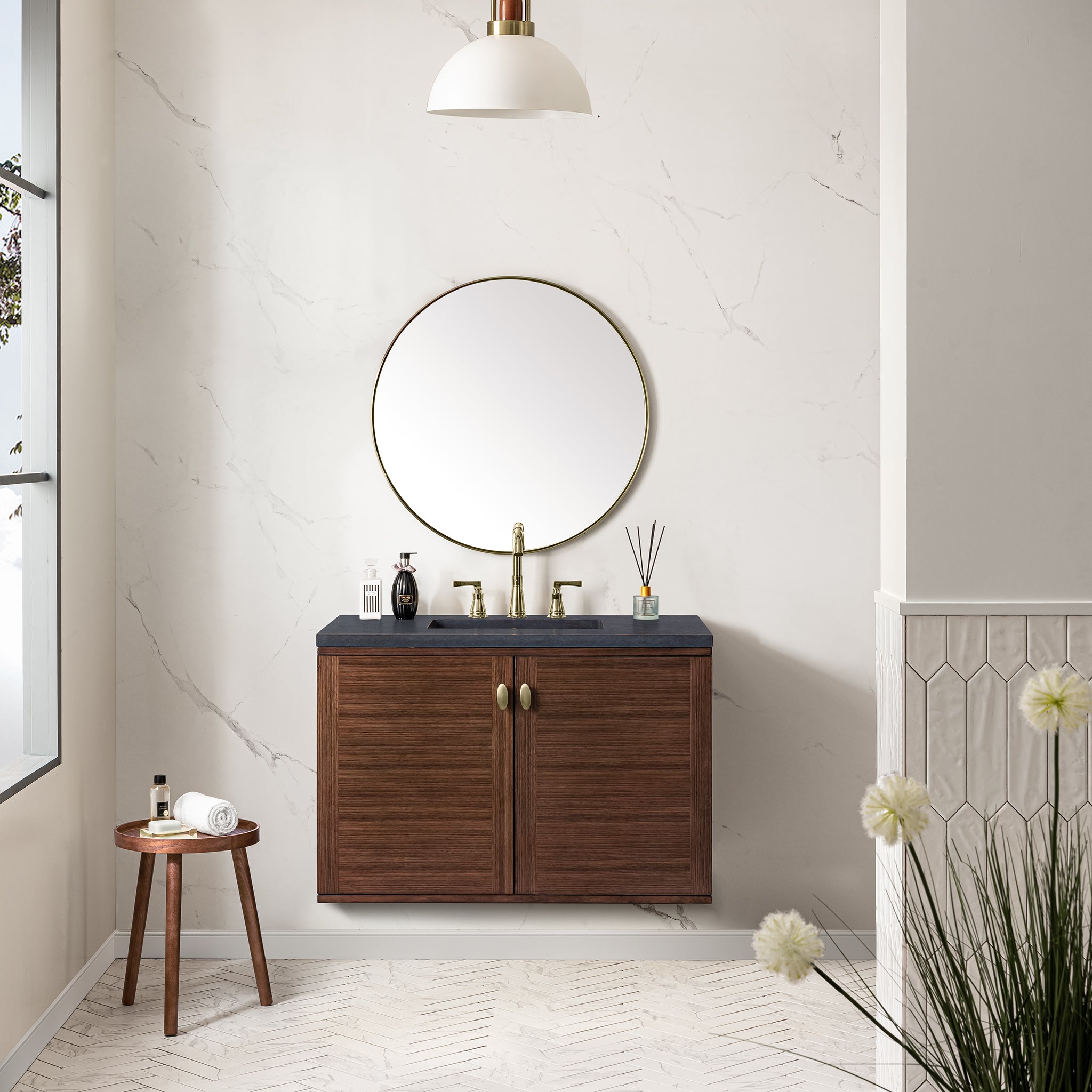 Amberly 36 Inch Single Bathroom Vanity - Mid Century Modern Walnut Wood Vanity with Sink for Small Bathrooms & Powder Rooms