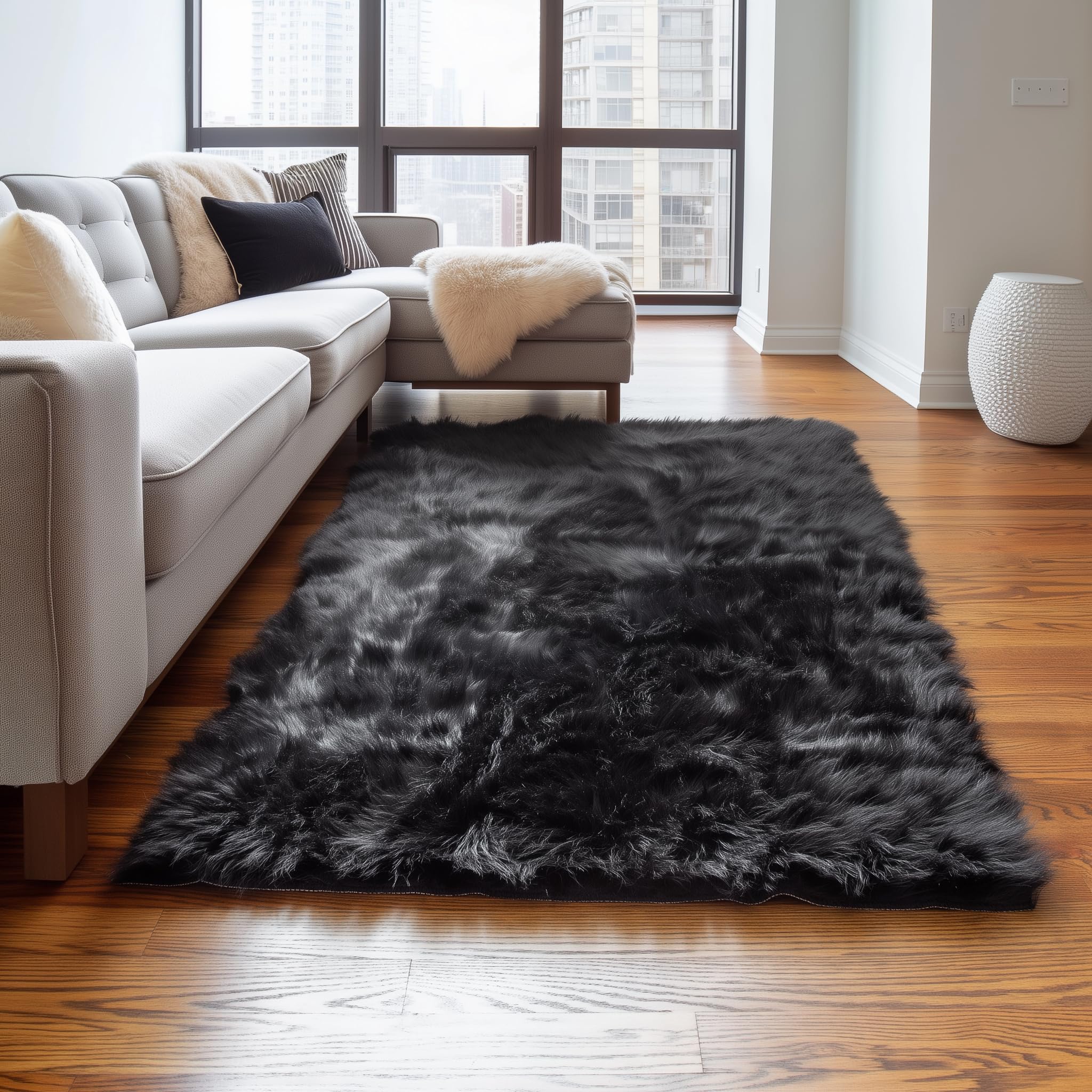 Premium Ultra Soft Fluffy Faux Sheepskin Area Rug - 6x9 Feet Black Shaggy Carpet for Bedroom, Living Room & Nursery - Cozy Home Decor & Warm Floor Mat for Winter Comfort