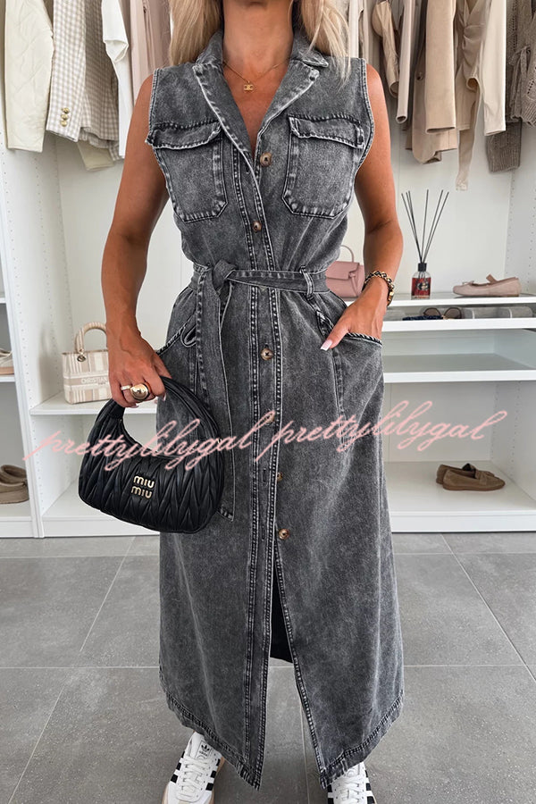 Solid Color Sleeveless Denim Midi Dress with Waist Tie & Pockets - Casual Summer Dress for Women, Perfect for Beach Outings, Picnics, and Weekend Brunch