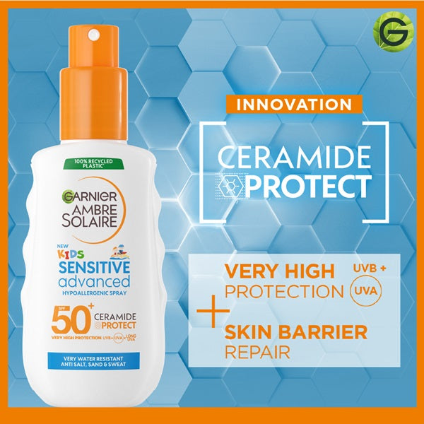 Ambre Solaire Sensitive Advanced SPF 50+ Ceramide Protect Sunscreen Spray for Kids - 150mL - Gentle & Hypoallergenic Sun Protection for Sensitive Skin - Perfect for Beach, Pool & Outdoor Activities