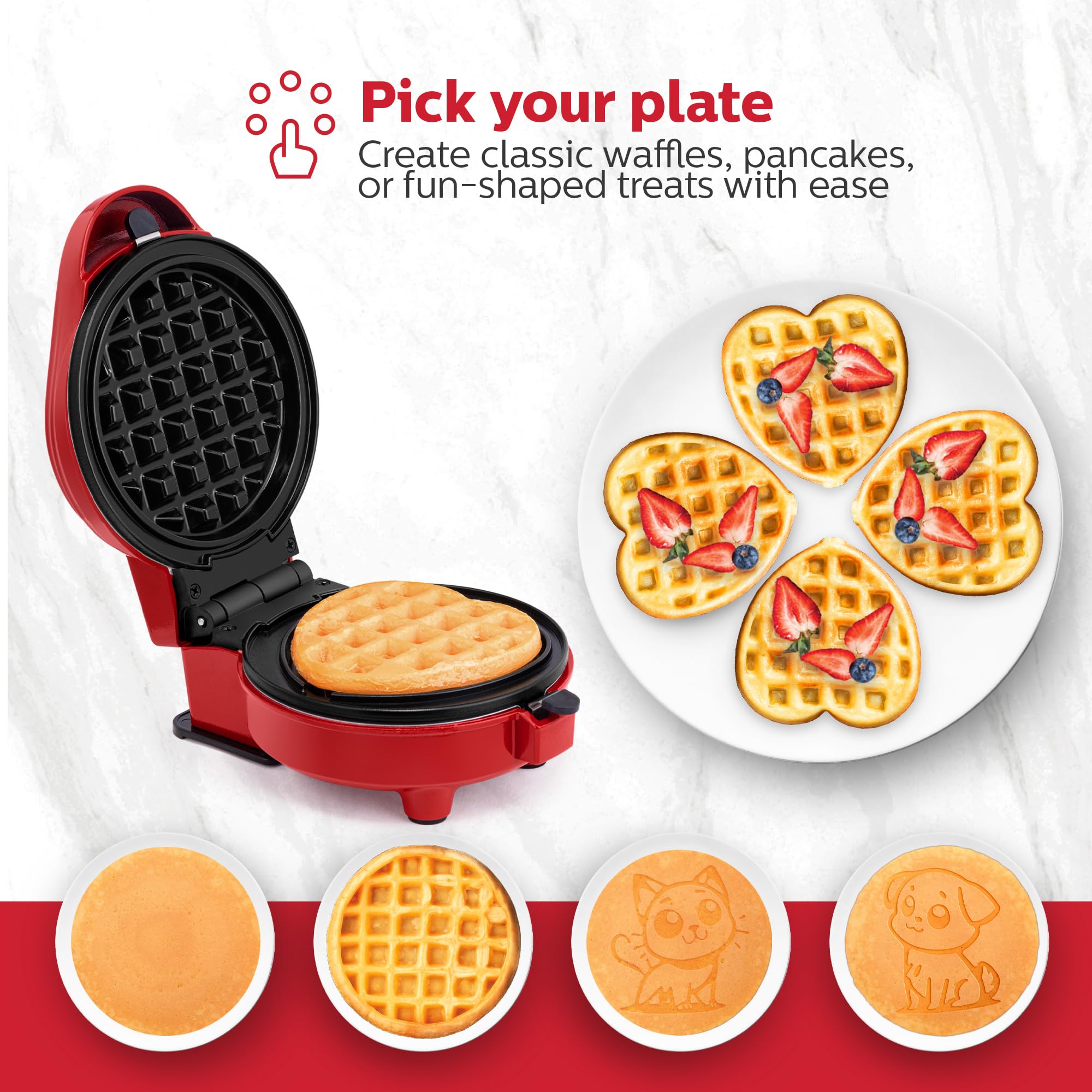Holstein Housewares Mini 4-Inch Waffle Maker & Personal Griddle with 7 Interchangeable Plates - Make Fun-Shaped Waffles, Pancakes, Eggs (Dog, Cat, Heart Designs) - Perfect for Kids Breakfast, Party Treats & Family Cooking
