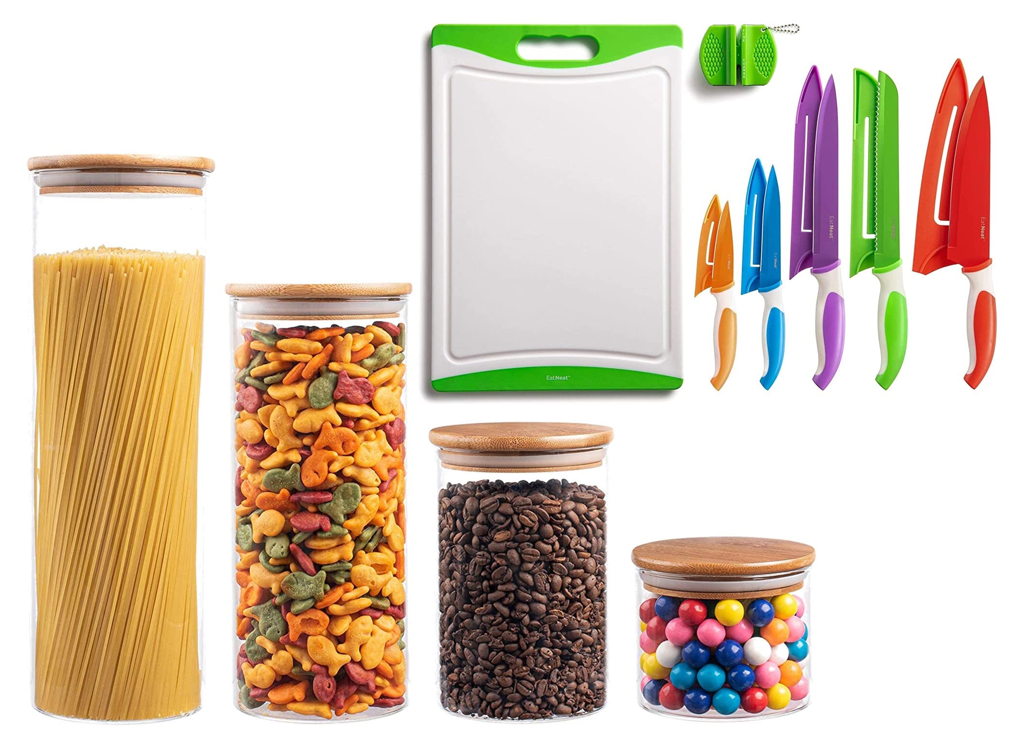 EatNeat 12-Piece Colorful Kitchen Knife Set & 4-Piece Airtight Glass Food Storage Containers with Bamboo Lids - Premium Kitchen Cutlery and Pantry Organization for Baking, Cooking, and Meal Prep