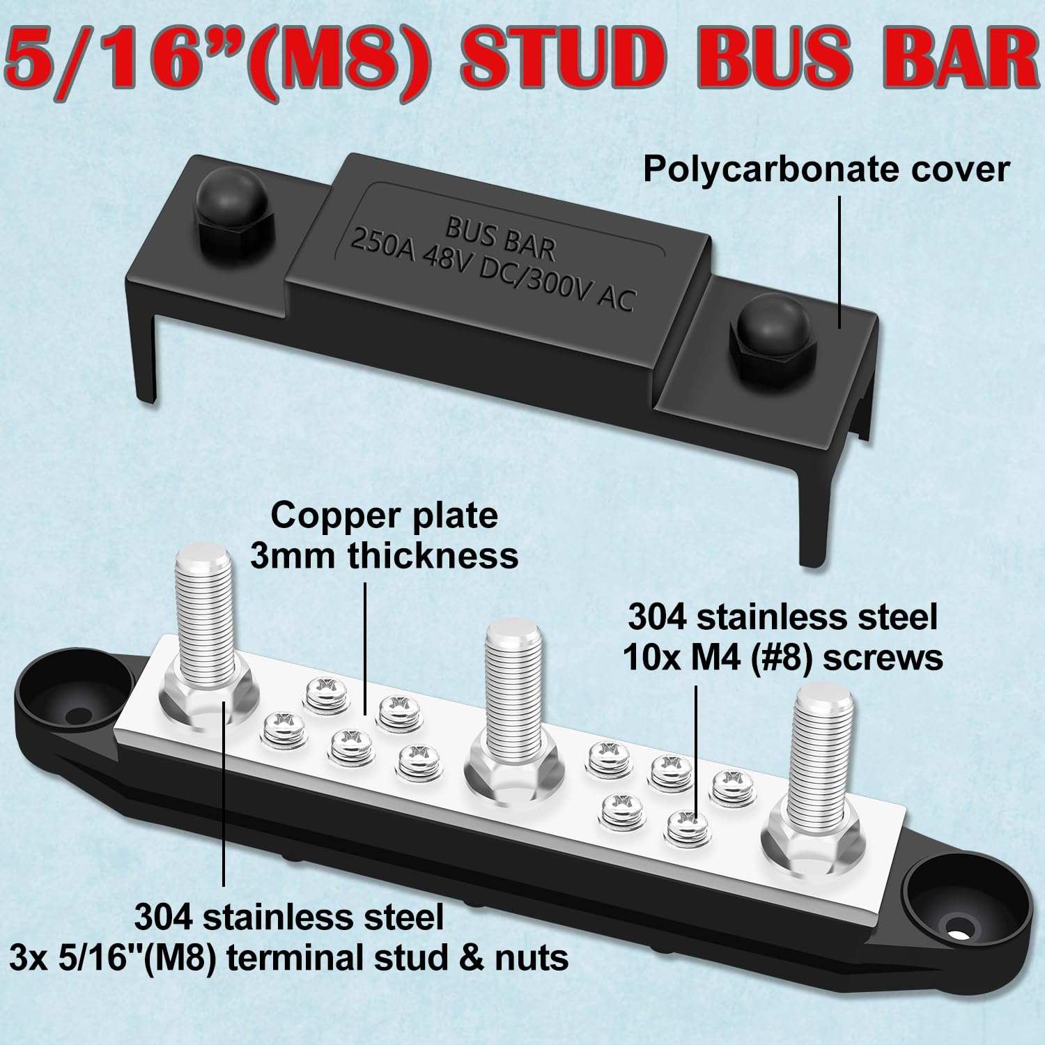 250A Power Distribution Block - 12V Bus Bar with 5/16