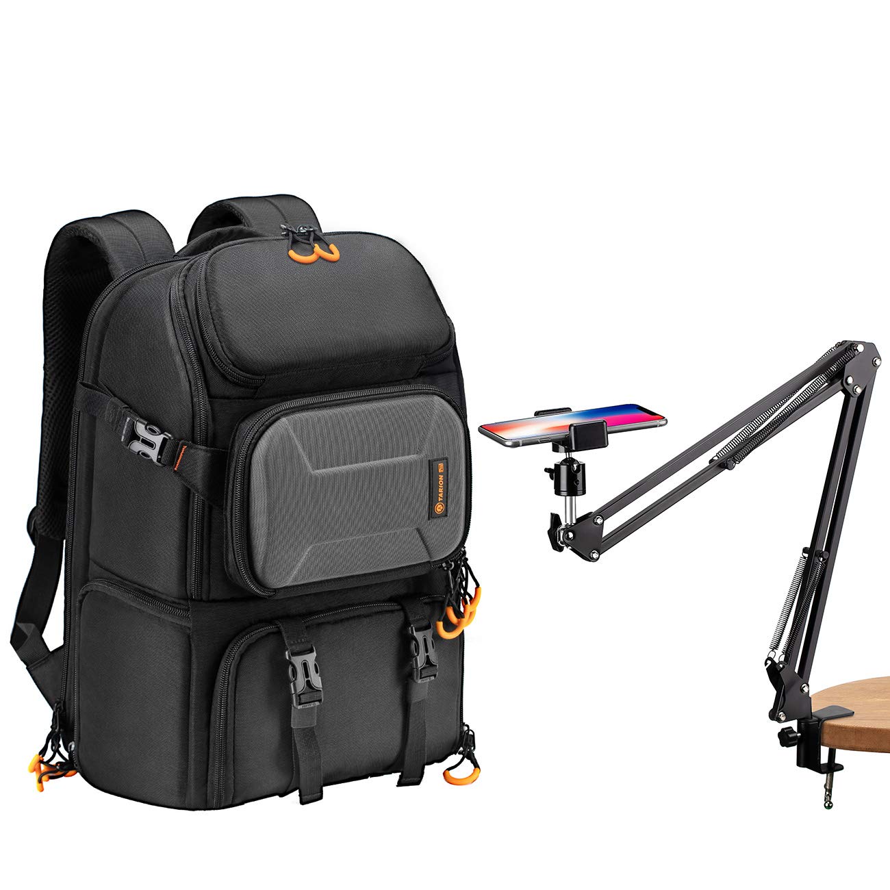 TARION Professional Large Camera Backpack with Laptop Compartment & Overhead Video Stand Articulating Arm - Durable Hiking Camera Bag with Desktop Phone Mount Holder for DSLR, Mirrorless Cameras - Perfect for Video Filming, Livestreaming, YouTube Content Creation & Outdoor Photography
