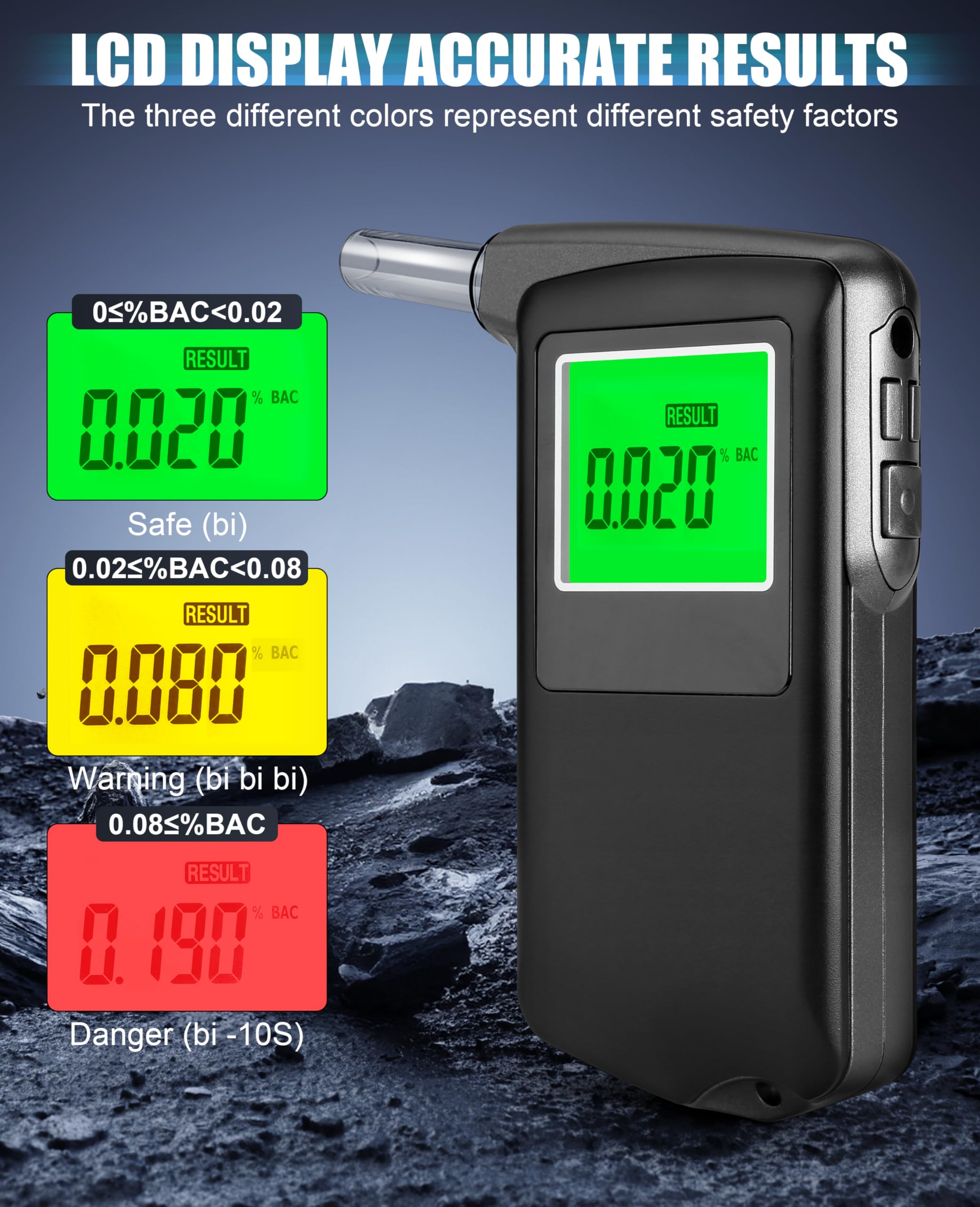 Professional-Grade High Accuracy Portable USB Rechargeable Alcohol Tester with LCD Digital Display - 10 Mouthpieces Included | Home & Personal Use, Workplace Safety, DUI Prevention, Party Safety Check