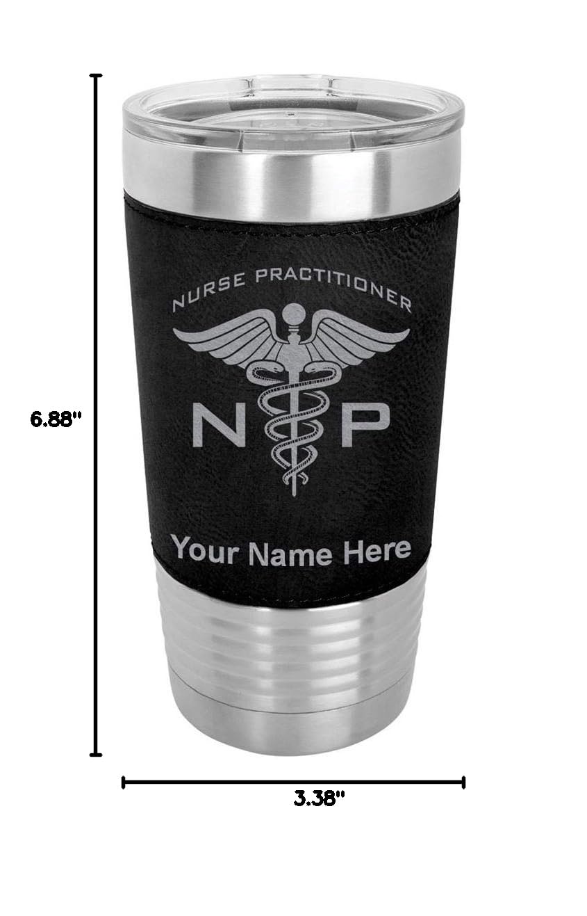 LaserGram 20oz Vacuum Insulated Stainless Steel Tumbler Mug with Personalized Engraving - NP Nurse Practitioner Gift, Faux Leather Sleeve, Black - Perfect for Coffee, Tea & Cold Drinks at Work, Hospital or Outdoor Activities