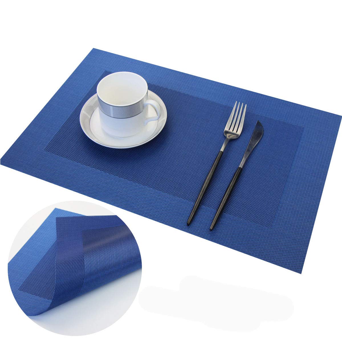PIGCHCY Elegant Washable Vinyl Placemats Set of 6 with Non-Slip Table Runner - Navy Blue Dining Table Decor for Everyday Use & Special Occasions