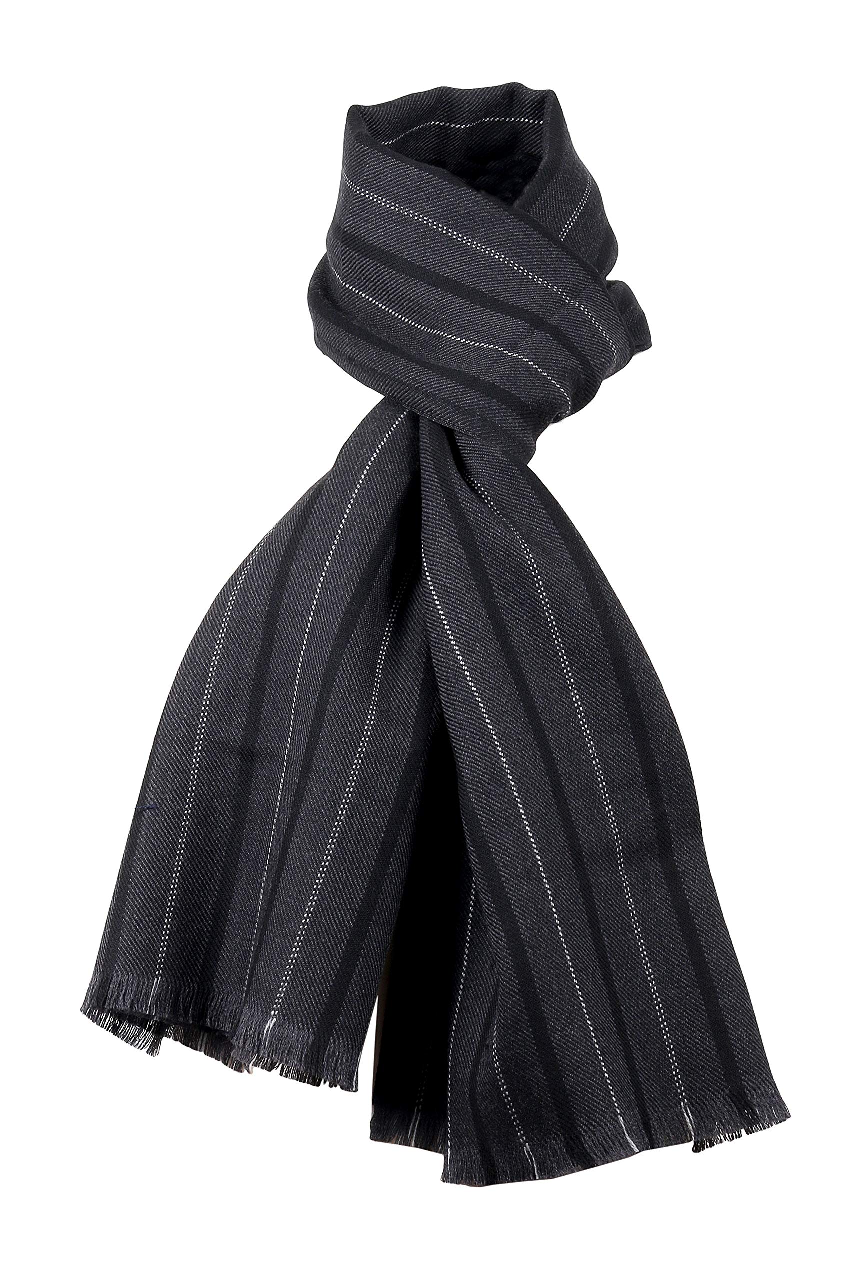 Ermenegildo Zegna Men's Black Fine Stripe Pure Wool Fringe Scarf - Winter Fashion Accessory for Business & Casual Outfits