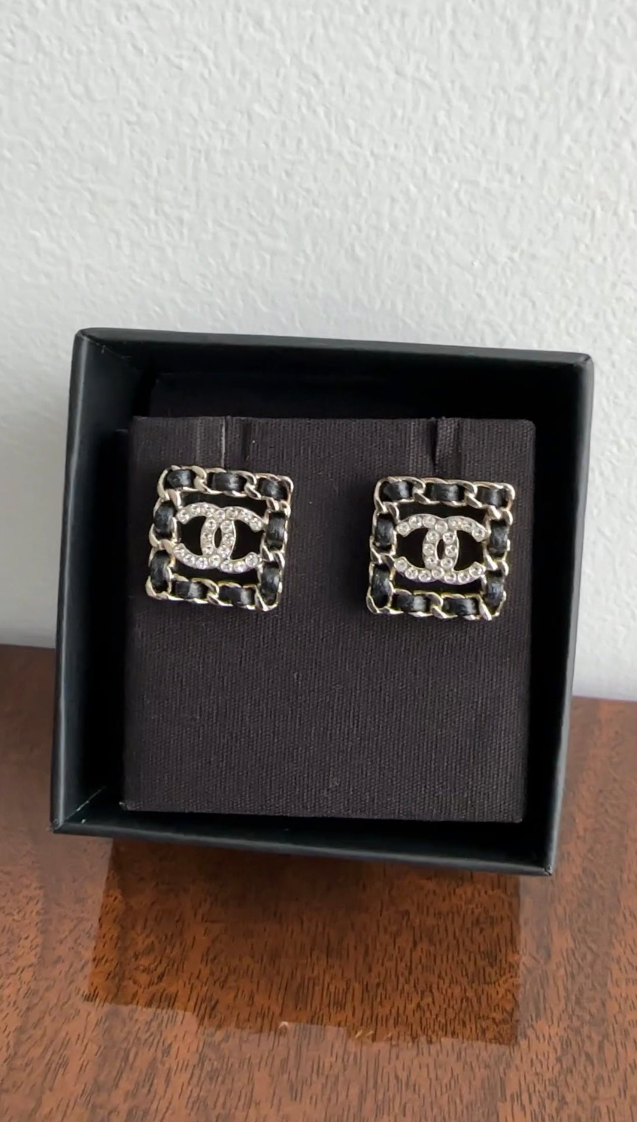 Chanel 21B Light Gold Square Leather Braid CC Crystal Earrings for Women - Luxury Fashion Jewelry Gift for Party, Wedding & Special Occasions