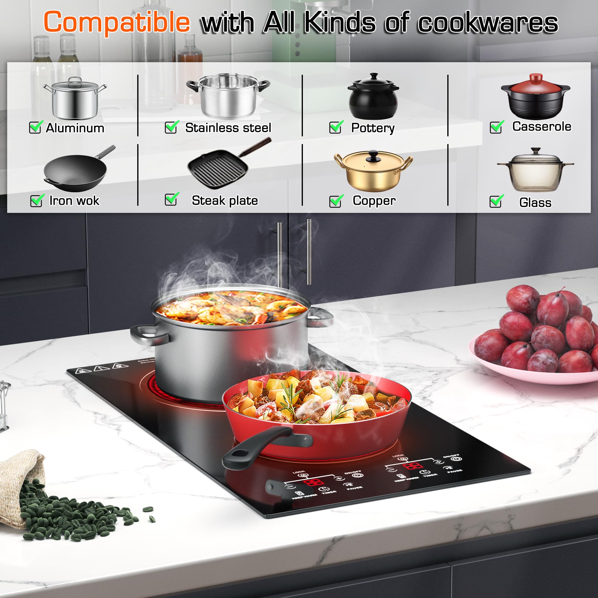 12 Inch 2 Burner Electric Cooktop with Sensor Touch Control - 9 Heating Levels, Timer, Child Safety Lock & Keep Warm Function - 110V Built-In Stovetop for Kitchen, RV, Dorm & Small Spaces