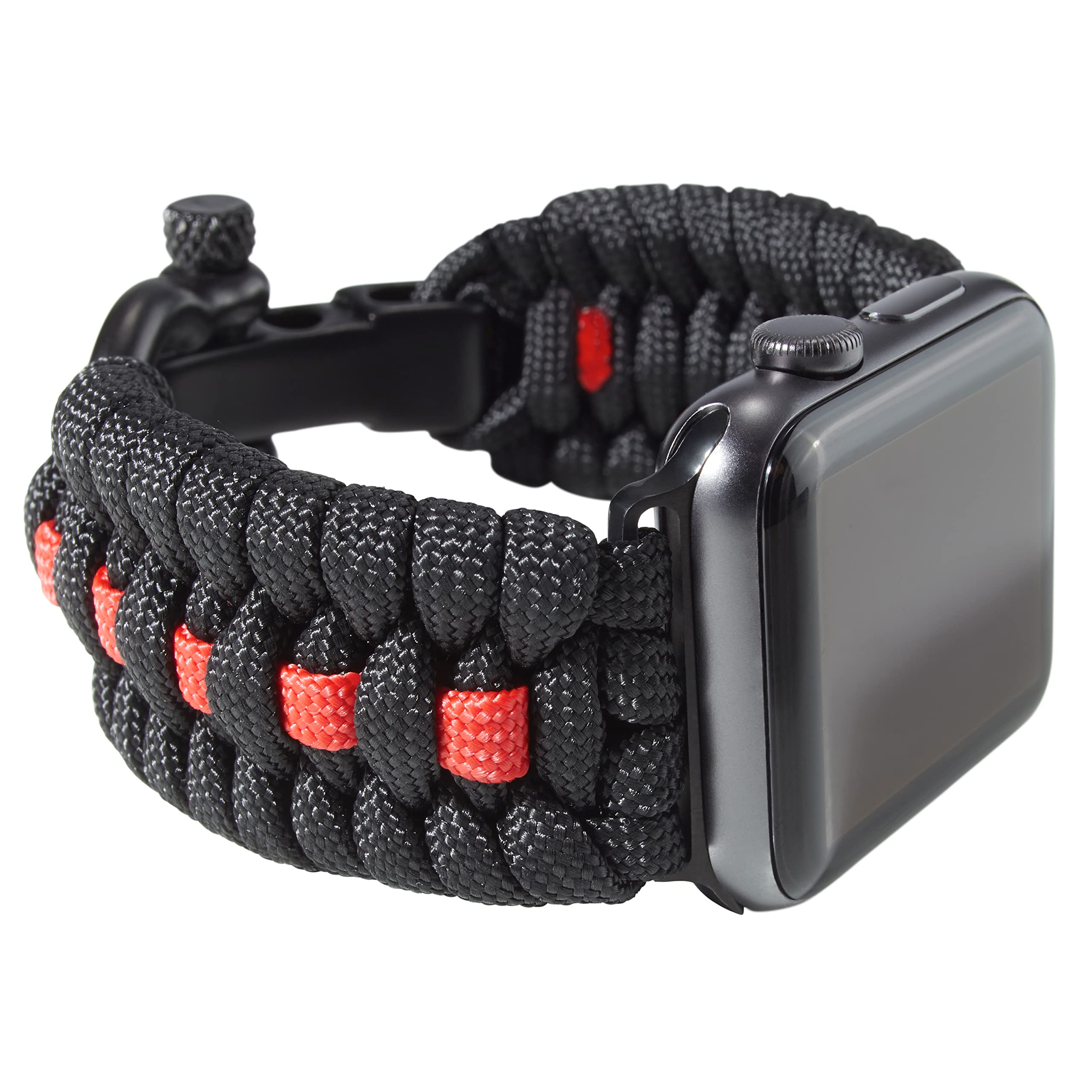 Savior Survival Gear Paracord Watch Band - Compatible with Apple Watch Series 42mm 44mm 45mm 49mm, 550 Paracord & Stainless Steel Shackle for Men & Women (Black/Red, Large) - Perfect for Outdoor Adventures, Hiking, Camping & Emergency Survival