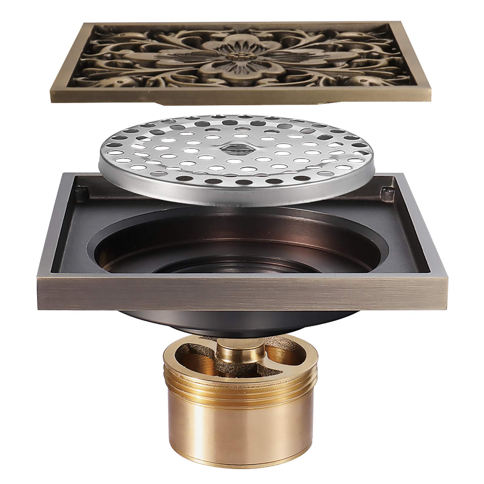 4 Inch Square Shower Drain with Removable Cover - Antique Brass Floor Drain with Large Flow & Deodorizer - Flower Pattern Brushed Bronze Grate for Bathroom, Shower Stall & Wet Room Installation