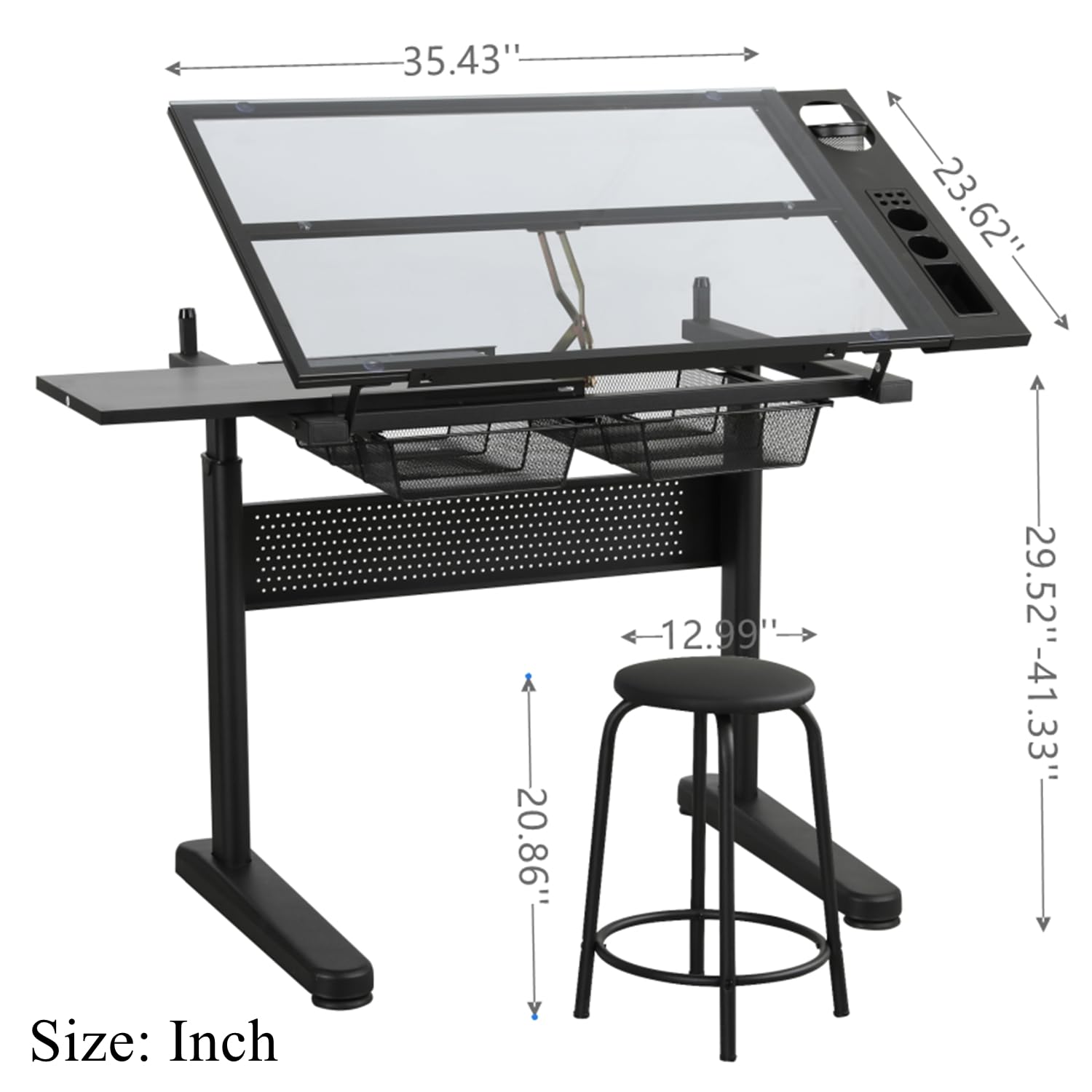Upgraded Adjustable Height Glass Drafting Table with Hand Crank - Artist Drawing Desk with Stool, Tilting Art Craft Desk, 2 Storage Drawers & Side Table - Perfect for Home Office, Studio & Creative Workspaces - No.2 Black