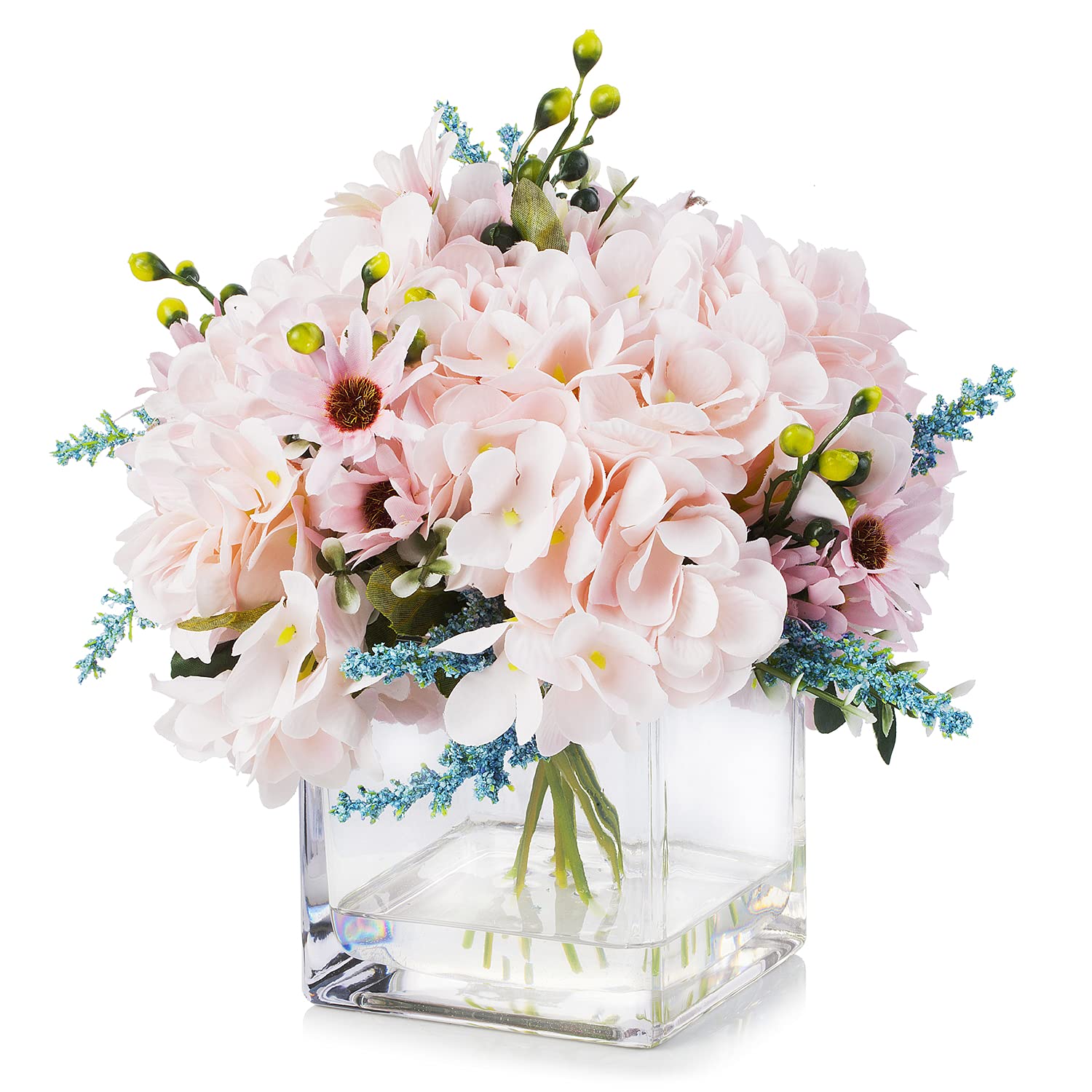 Enova Floral Mixed Artificial Silk Hydrangea Fake Flowers Arrangement in Cube Glass Vase with Faux Water - Pink Home Office Wedding Decor for Table Centerpieces, Party Decorations & Gift Ideas