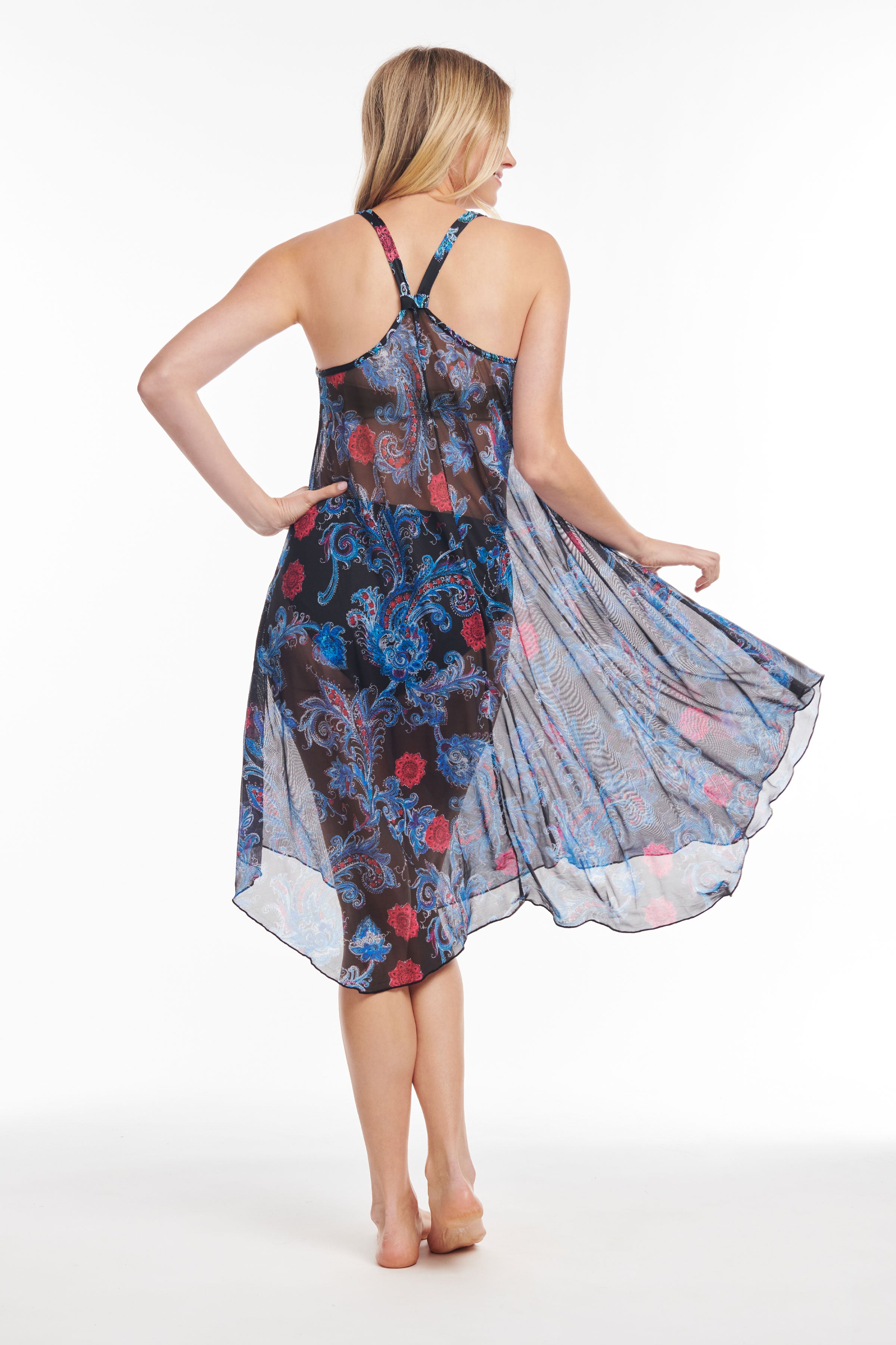 Flowy Mesh Coverup Tank Dress - Mid Length Linework Paisley Design | Beach Cover Up, Summer Dress, Boho Chic Outfit for Pool Party & Vacation