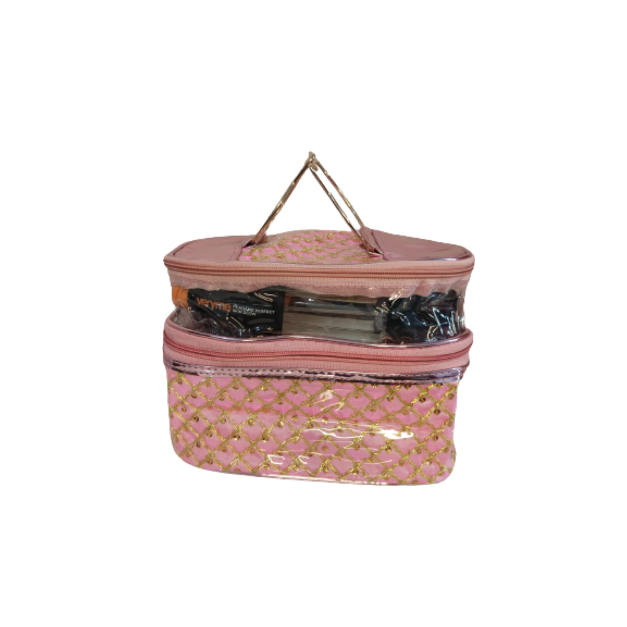 YELLOW SHINE MART Double Layer Makeup Bag - Travel Cosmetic Organizer & Toiletry Pouch in Pink & Gold | Perfect for Travel, Gym & Daily Beauty Storage