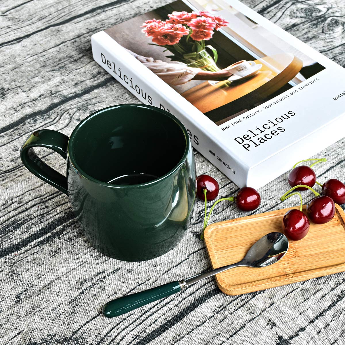 Premium Ceramic Coffee Mug with Spoon - 14oz Green Tea Cup for Office & Home Use - Dishwasher & Microwave Safe - Glossy Finish - Ideal for Coffee, Tea, Hot Chocolate & Soups (1 Pack)