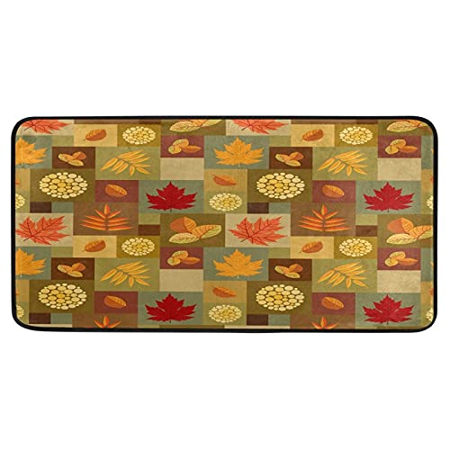 Non-Slip Autumn Leaves Pattern Kitchen Rug - Fall Red Orange Maple Floral Design - Soft Bath Mat & Doormat - 39x20 Inch Home Decor for Kitchen, Bathroom & Entryway