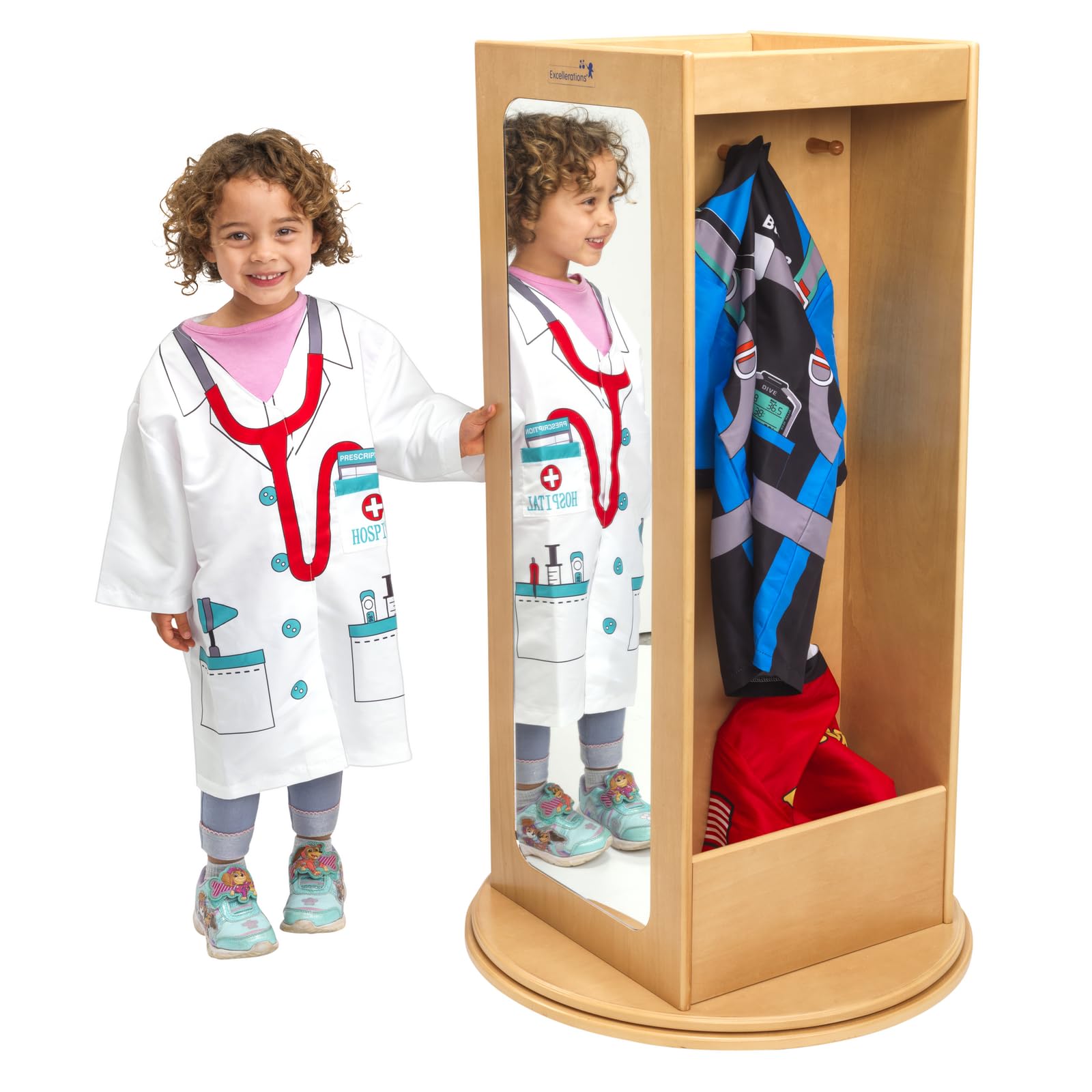 Excellerations Kids Spinning Dress Up Storage Organizer - Rotating Costume Play Unit with Cubbies, Hooks & Mirror - Perfect for Pretend Play, Imaginative Play & Playroom Organization - Great for Birthday Parties, Dress-Up Games & Preschool Classrooms