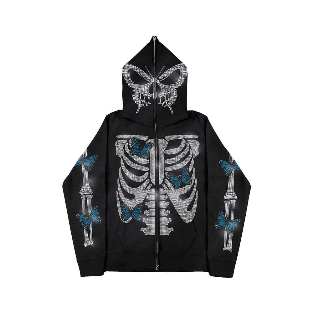 NECHARI Women's Rhinestone Spider Hoodie - Y2K Vintage Full Zip Up Jacket with Face Cover, Oversized Pullover Sweatshirt for Streetwear & Gothic Aesthetic | Perfect for Halloween, Concerts & Edgy Fashion