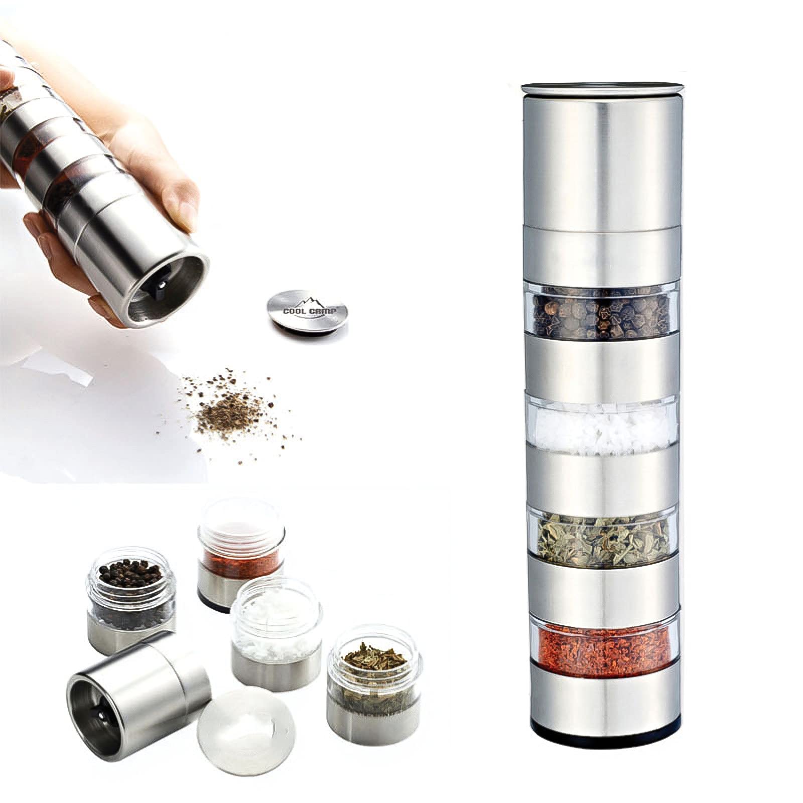 Premium Stainless Steel Spice Bottle Set with 4 Jars & Grinder - Stackable Portable Condiment Storage for Outdoor BBQ, Camping, Picnic & Travel - Perfect for Kitchen, RV & Backpacking Adventures