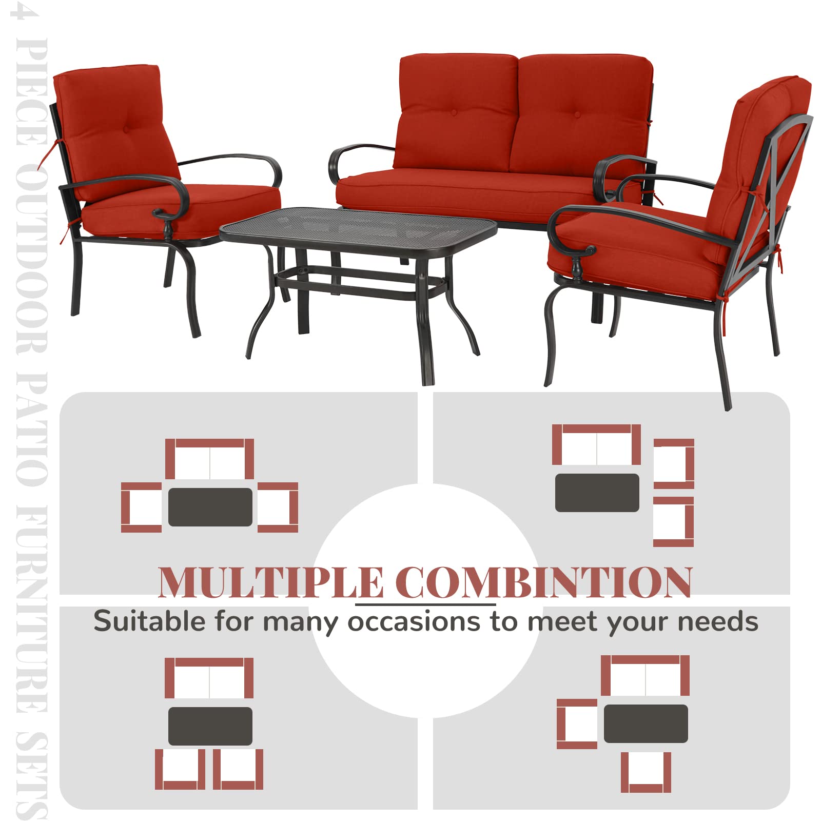 4-Piece Outdoor Metal Patio Furniture Set - Wrought Iron Conversation Set with Loveseat, Coffee Table & 2 Chairs - Steel Frame Garden Seating with Red Cushions - Perfect for Backyard, Deck, Poolside or Patio Relaxation
