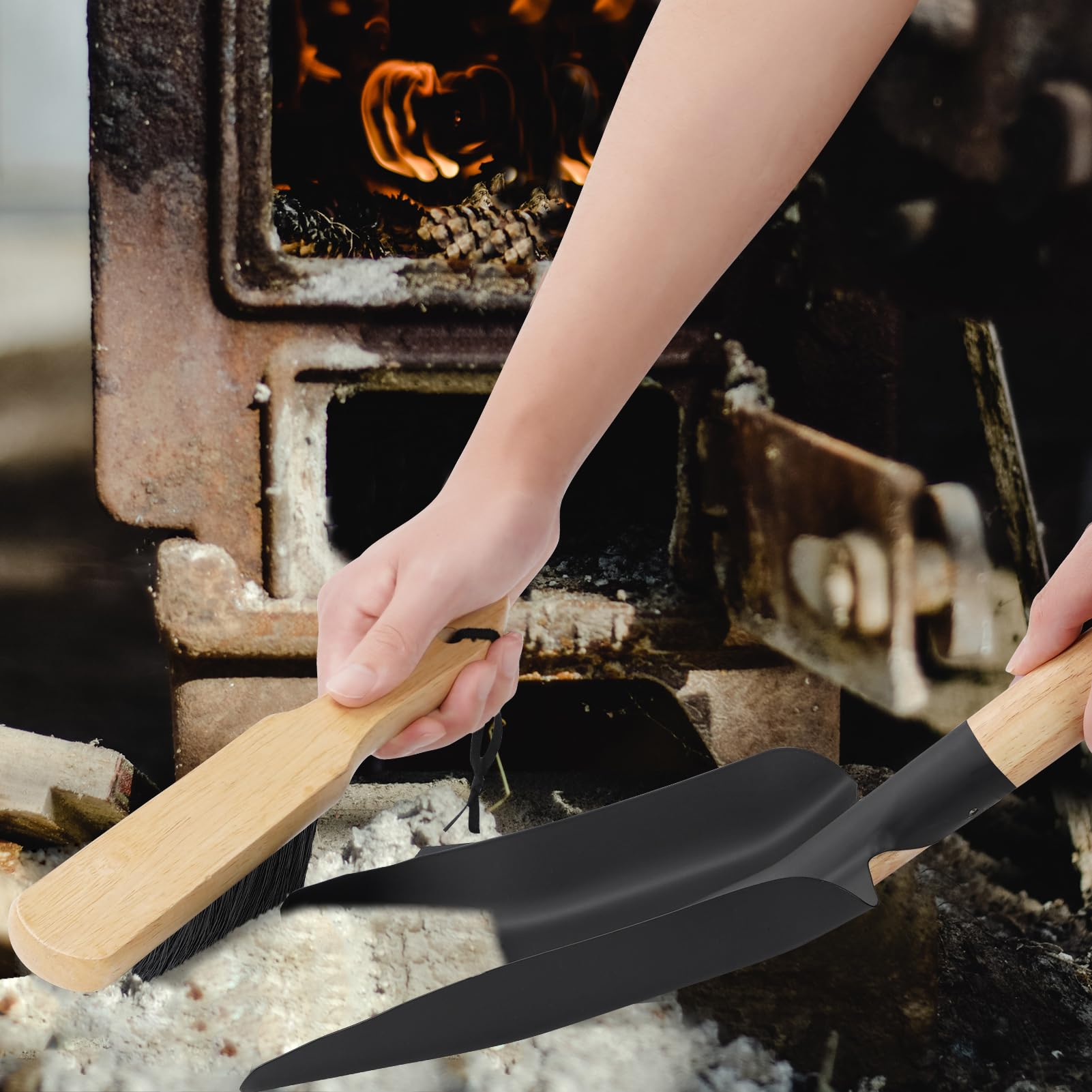 Fireplace Shovel & Brush Set - Heavy Duty Ash Shovel and Hearth Broom with Wooden Handle | Fireplace Tools Set with Metal Ash Pan | Perfect for Indoor Fireplaces & Outdoor Fire Pits | Essential Fire Pit Accessories for Cozy Nights