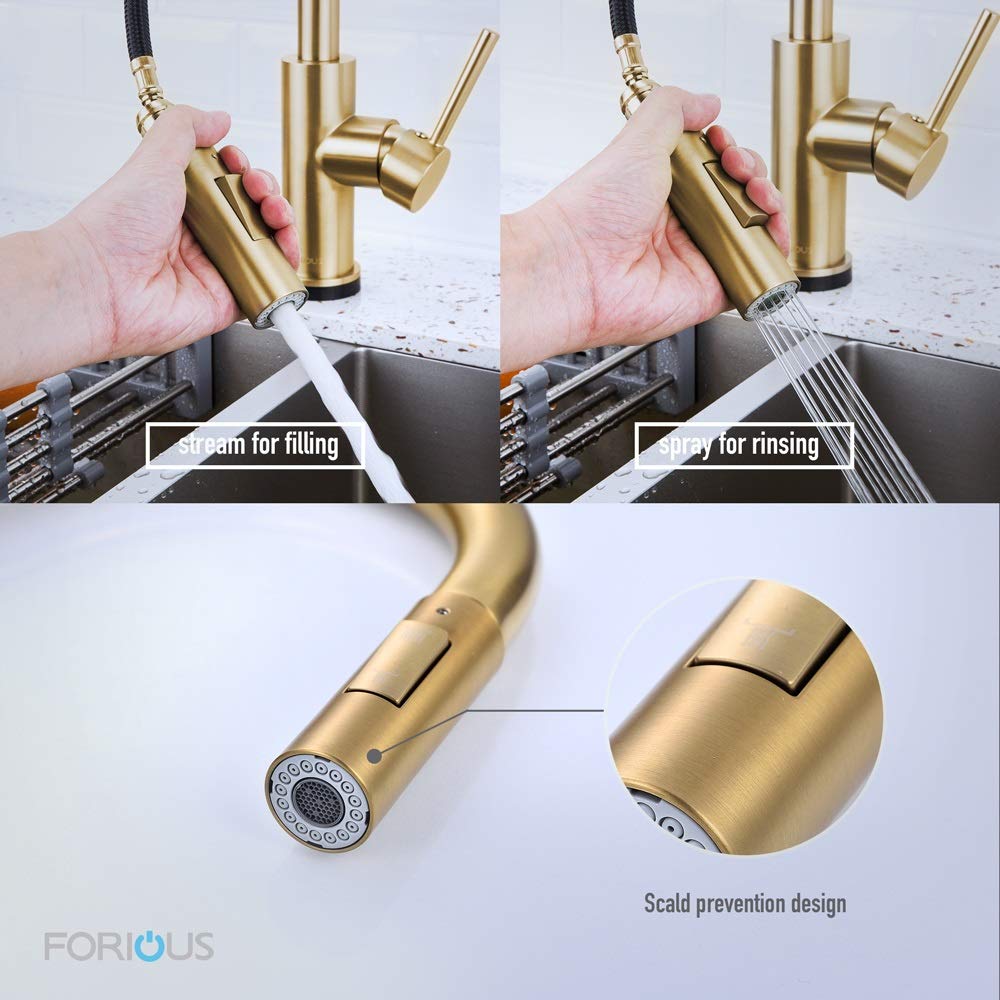 FORIOUS Brushed Brass High Arc Gooseneck Kitchen Faucet with Pull Down Sprayer - Single Handle Modern Sink Faucet with CUPC Ceramic Cartridge & Deck Plate - Perfect for Farmhouse, RV, and Residential Kitchen Sinks