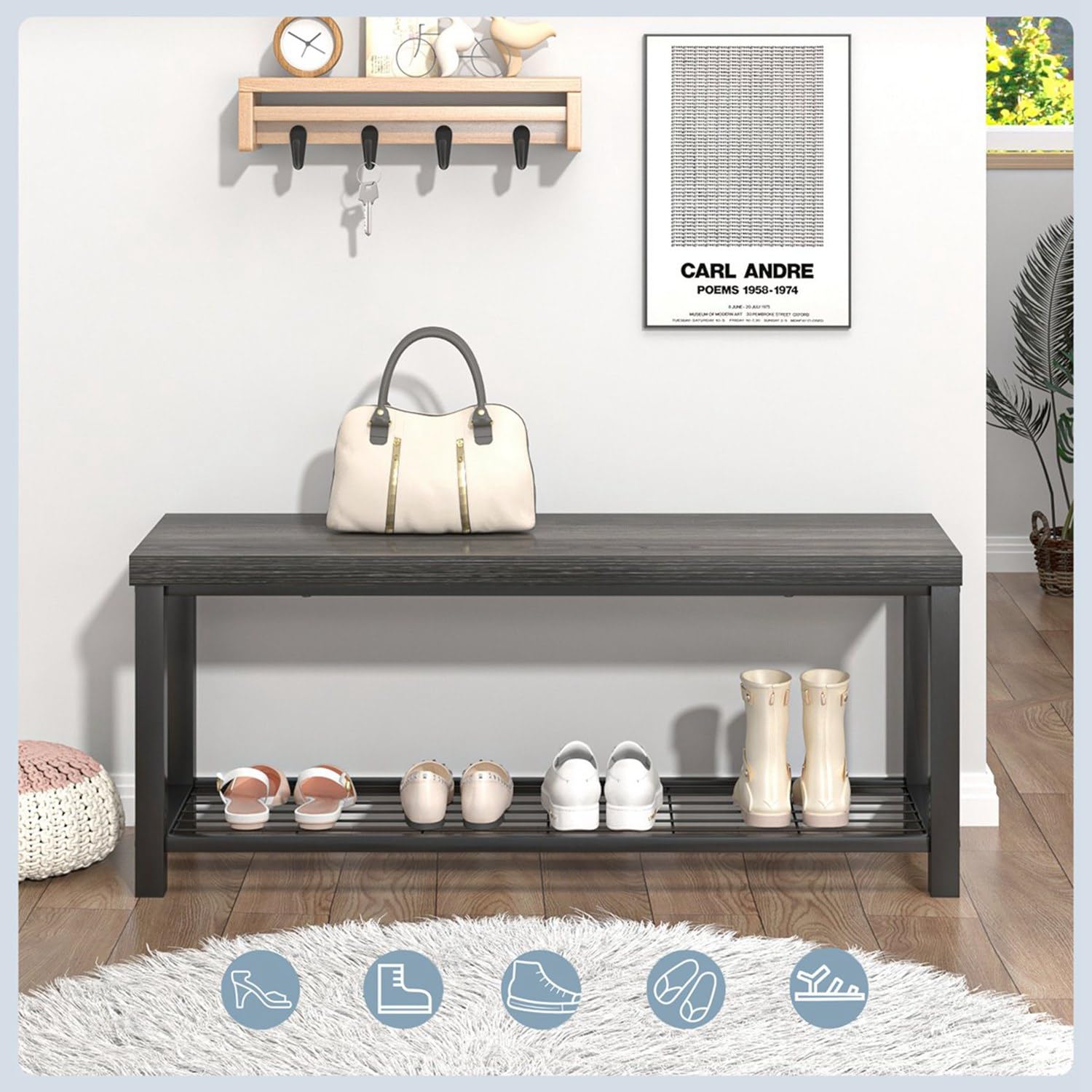 FOLUBAN 43 Inch Industrial Shoe Storage Bench - Rustic Entryway Hallway Organizer with Seat, Modern Shoe Rack for Living Room Bedroom (Dark Gray) - Perfect for Small Spaces & Mudroom Organization