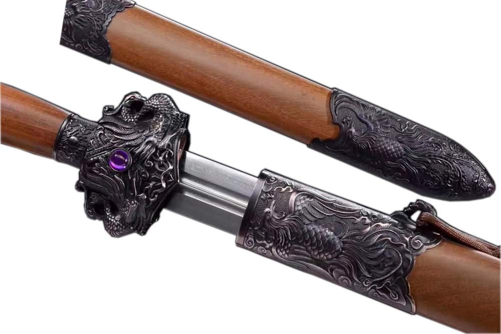 Hand Forged Damascus Steel Phoenix Sword - Real Battle Ready Blade with Wooden Scabbard - Perfect for Medieval Reenactment, Cosplay, and Sword Collectors