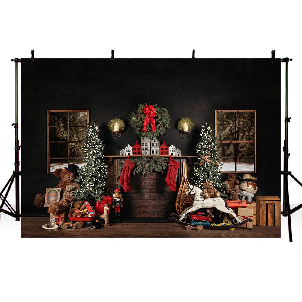 MEHOFOND 8x6ft Christmas Photography Backdrop - Holiday Tree with Fireplace, Wreath & Stocking Design - Winter Xmas Birthday Party Decor - Black Background for Portrait & Family Photos - Perfect for Holiday Cards, Social Media & Home Decor