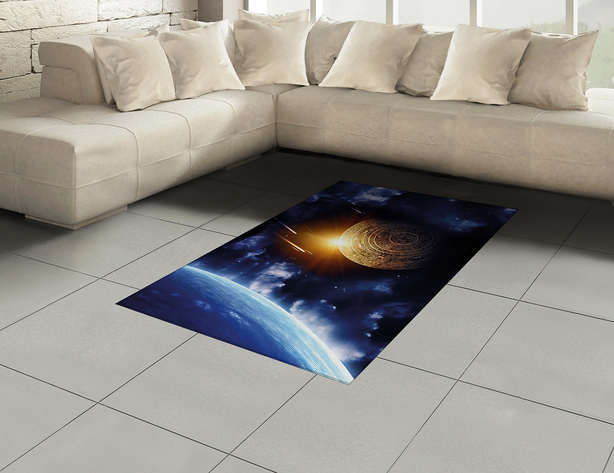 Ambesonne Galaxy Area Rug - Maya Calendar Outer Space Design with Earth & Meteor Print, Flat Woven Blue Yellow Accent Rug 4'x5'7