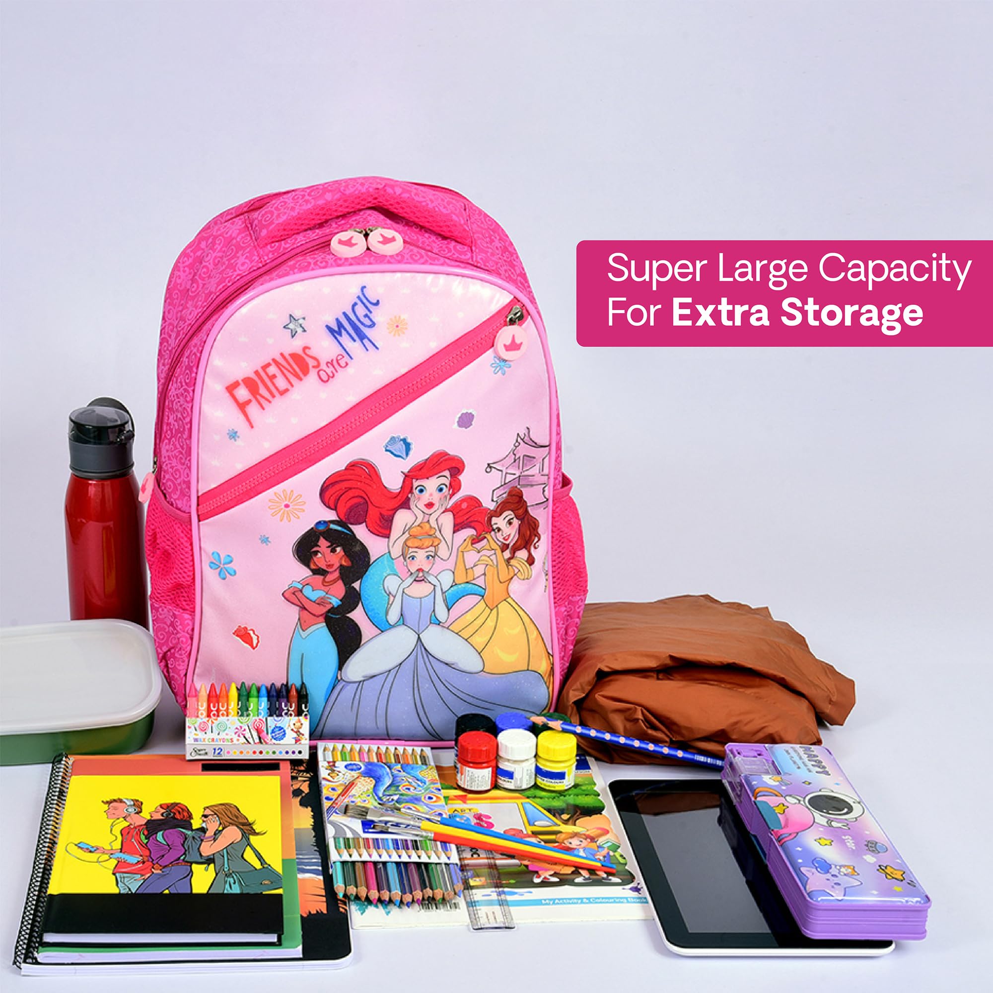 Disney Princess Magic School Backpack for Girls - 14 Inch Large Water Resistant Kids Backpack, 17L Capacity for School, Travel, Picnic | Perfect Gift for Girls | Durable & Stylish Backpack for Everyday Use