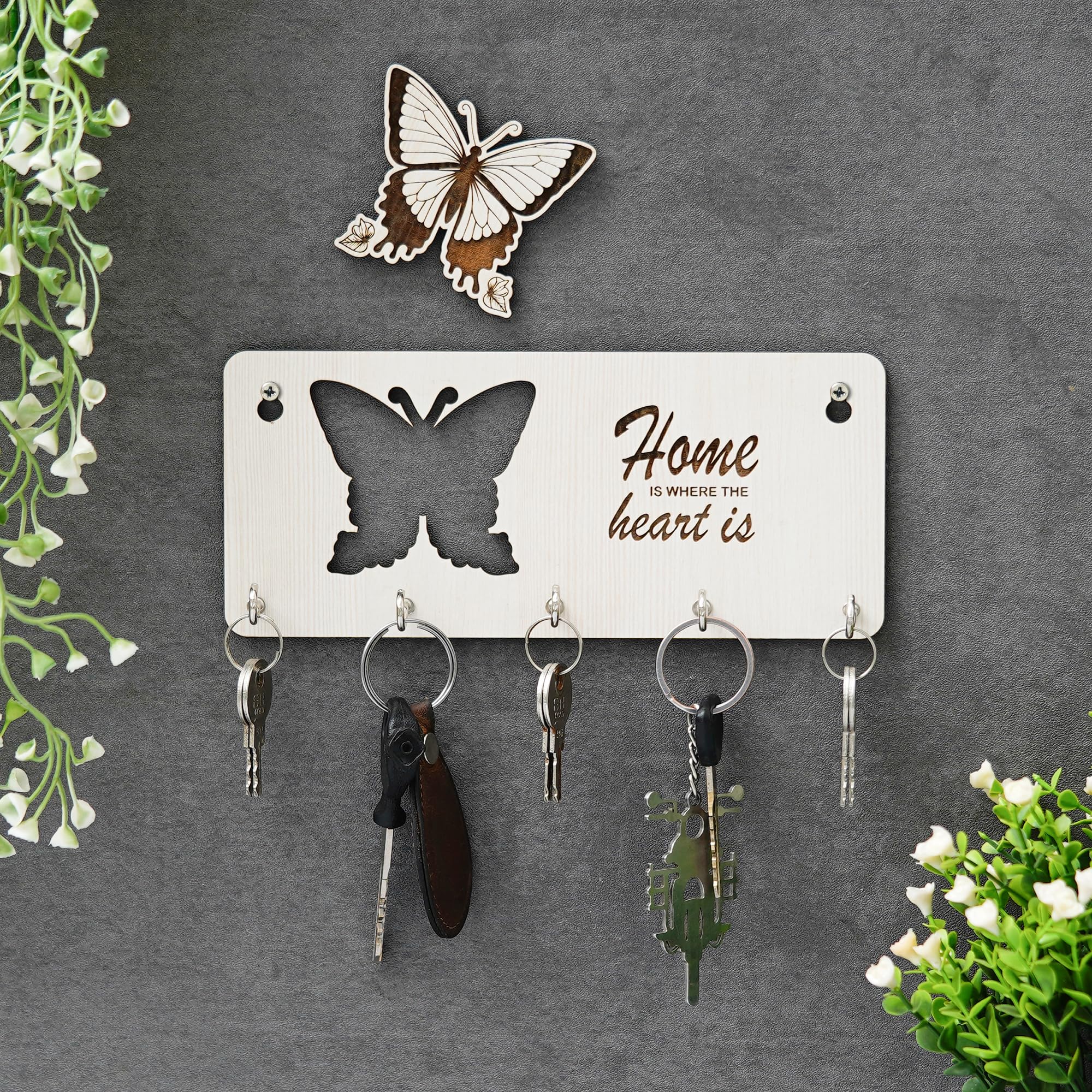 Webelkart Premium 'Home is Where The Heart is' Wooden Key Holder - Wall Mount Key Organizer with Butterfly Cutout Design for Home & Office Decor | Perfect for Entryway, Mudroom, or Bedroom Organization