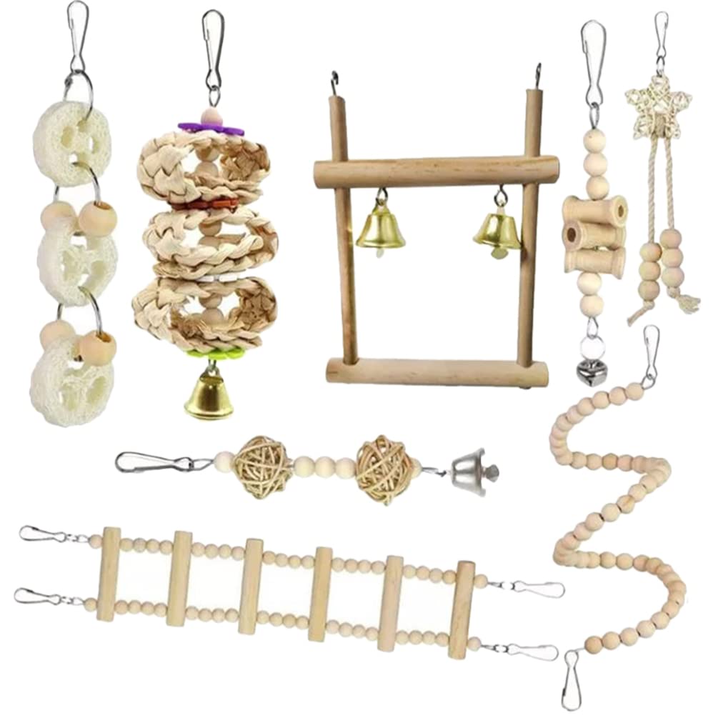 POPETPOP Bird Cage Swing & Chewing Toy Set - Wooden Parrot Toys for Parakeets, Cockatiels - Fun Train Ladder & Perch for Small Birds - Perfect for Cage Enrichment & Playtime
