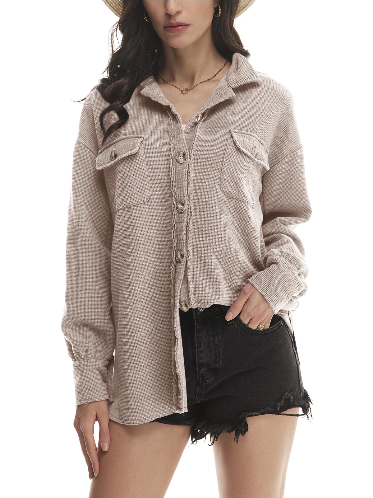 Yanekop Women's Waffle Knit Button Down Shirt Jacket - Oversized Long Sleeve Shacket for Trendy Fall & Winter Outfits 2025 | Perfect for Casual Wear, Layering, and Office Style