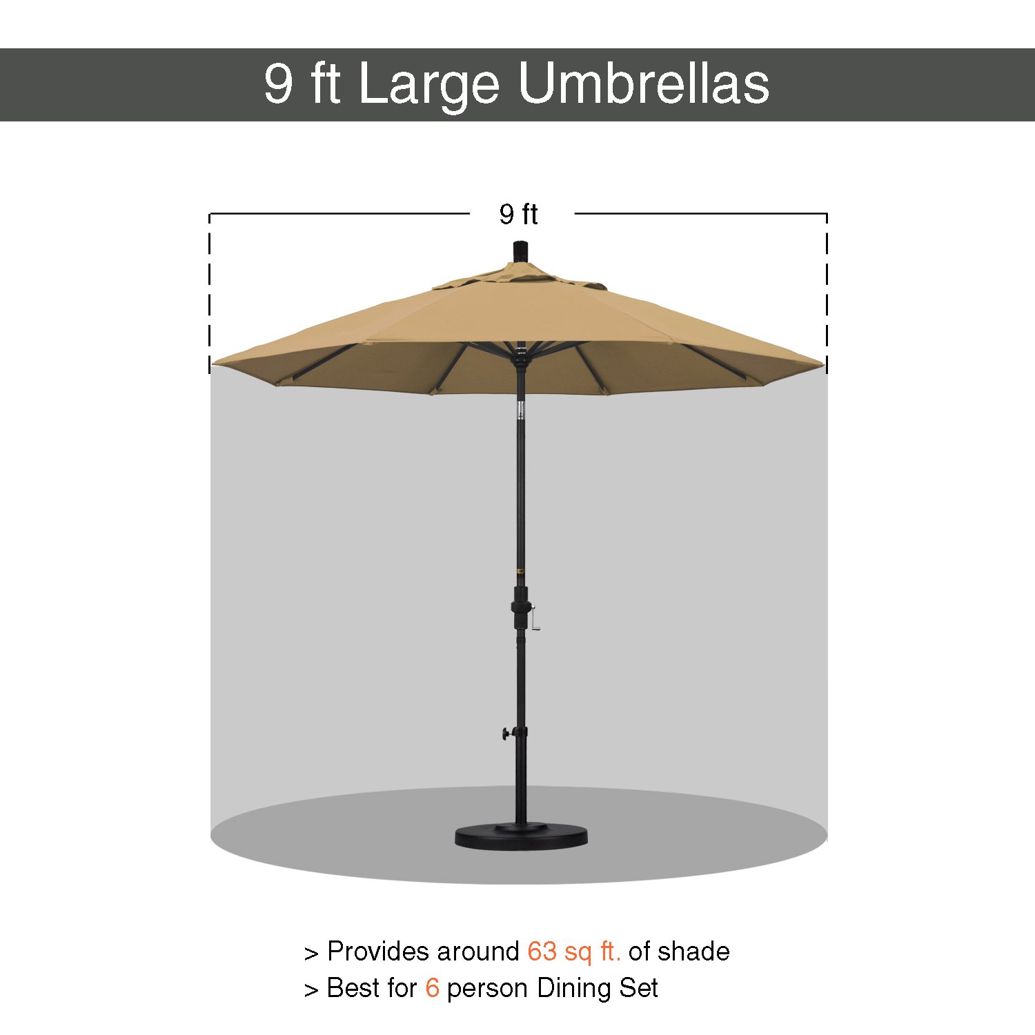 9' Round California Umbrella - Aluminum/Fiberglass Frame with Push Open Mechanism & Silver Pole - Durable Olefin Fabric - Perfect for Patio, Poolside, and Outdoor Dining Areas
