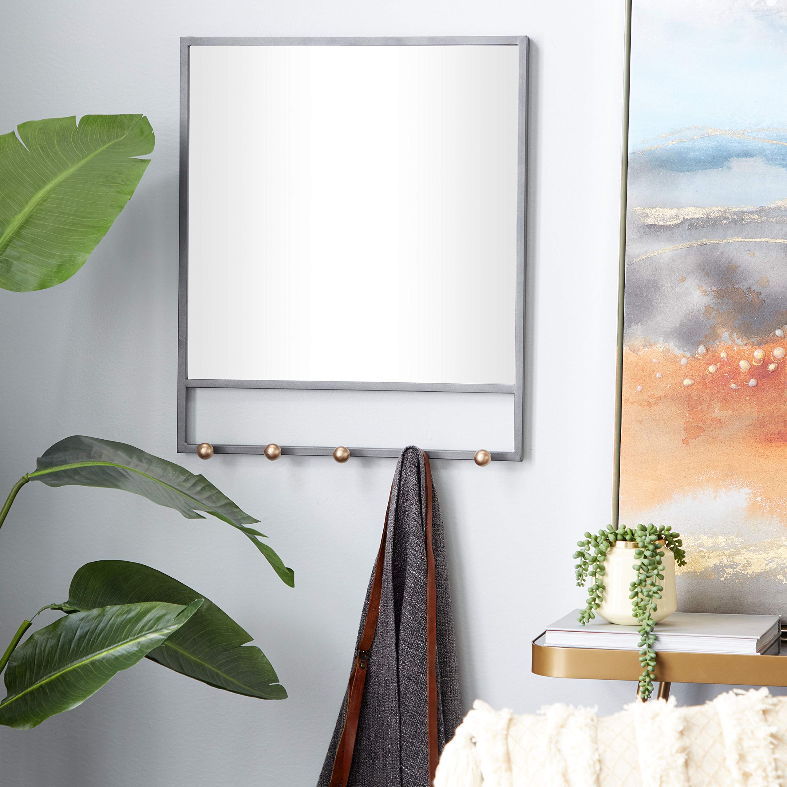 Deco 79 Black Wooden Wall Mirror with 5 Hooks - 20