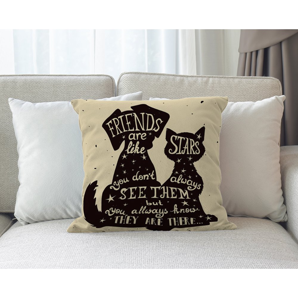 Best Friend Quote Pillow Cover 18x18 Inch - Black Dog & Cat Design with 'Friends Are Like Stars' Quote - Cotton Linen Throw Pillow Case for Sofa, Bed, Couch - Perfect Gift for Men & Women (Black/White)