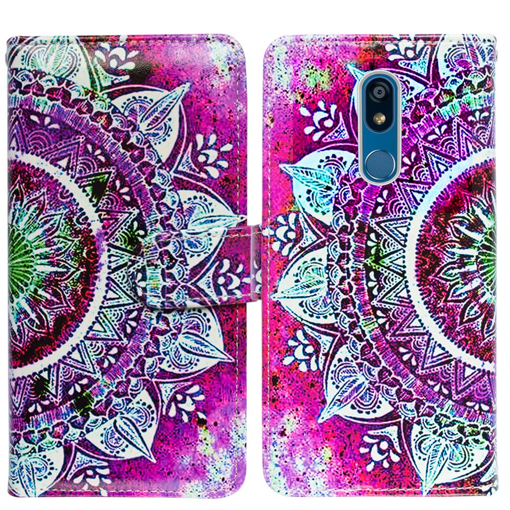 Pink Circular Mandala Leather Flip Wallet Phone Case with Card Slot & Kickstand for LG K40/K12 Plus/X4/Solo LTE/Harmony 3/Xpression Plus 2 - Stylish Protection for Everyday Use & Travel