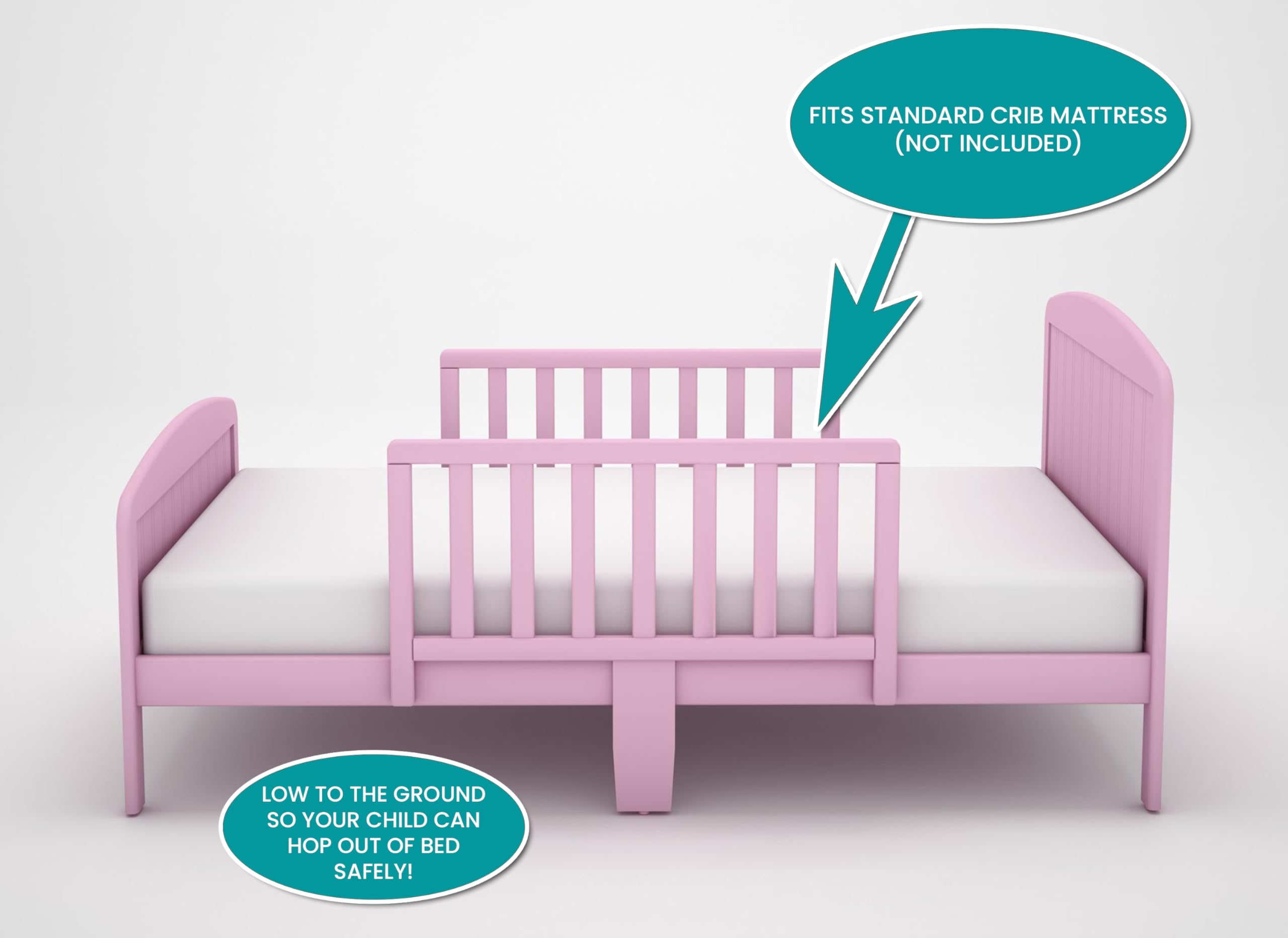 Harrisburg Toddler Bed - Solid Wood Modern Transitional Kids Bed with Side Rails & 2 Safety Guards | Fits Crib Mattress | Low Profile Design for Nursery & Children's Bedroom (Pink) - Perfect for Safe Sleep Transition from Crib to Big Kid Bed