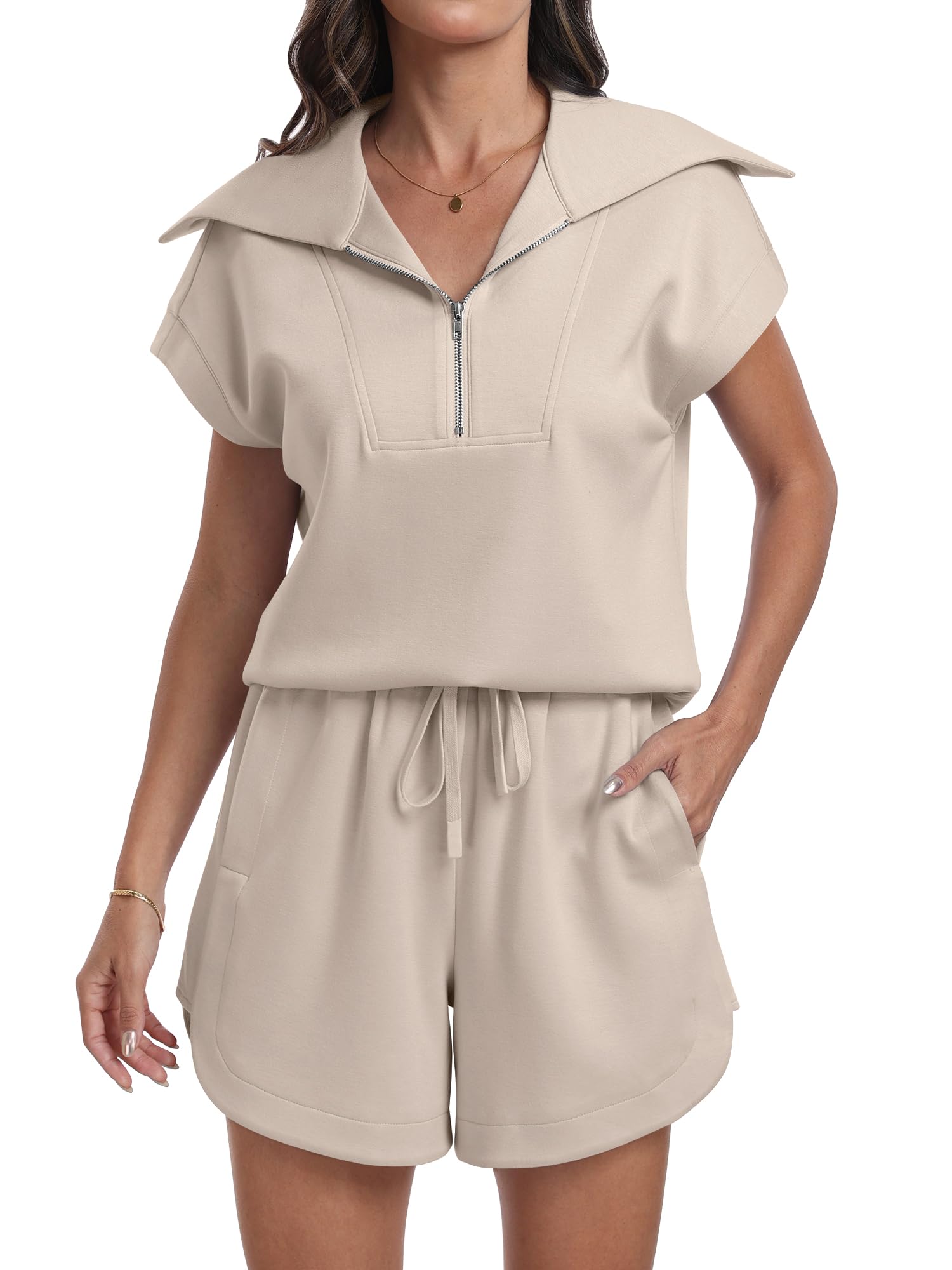 ANRABESS Women's Summer 2-Piece Sweatsuit Set - Half Zip Top & Shorts Lounge Outfit for Yoga, Gym, Running & Casual Wear | Comfortable Tracksuit for Women