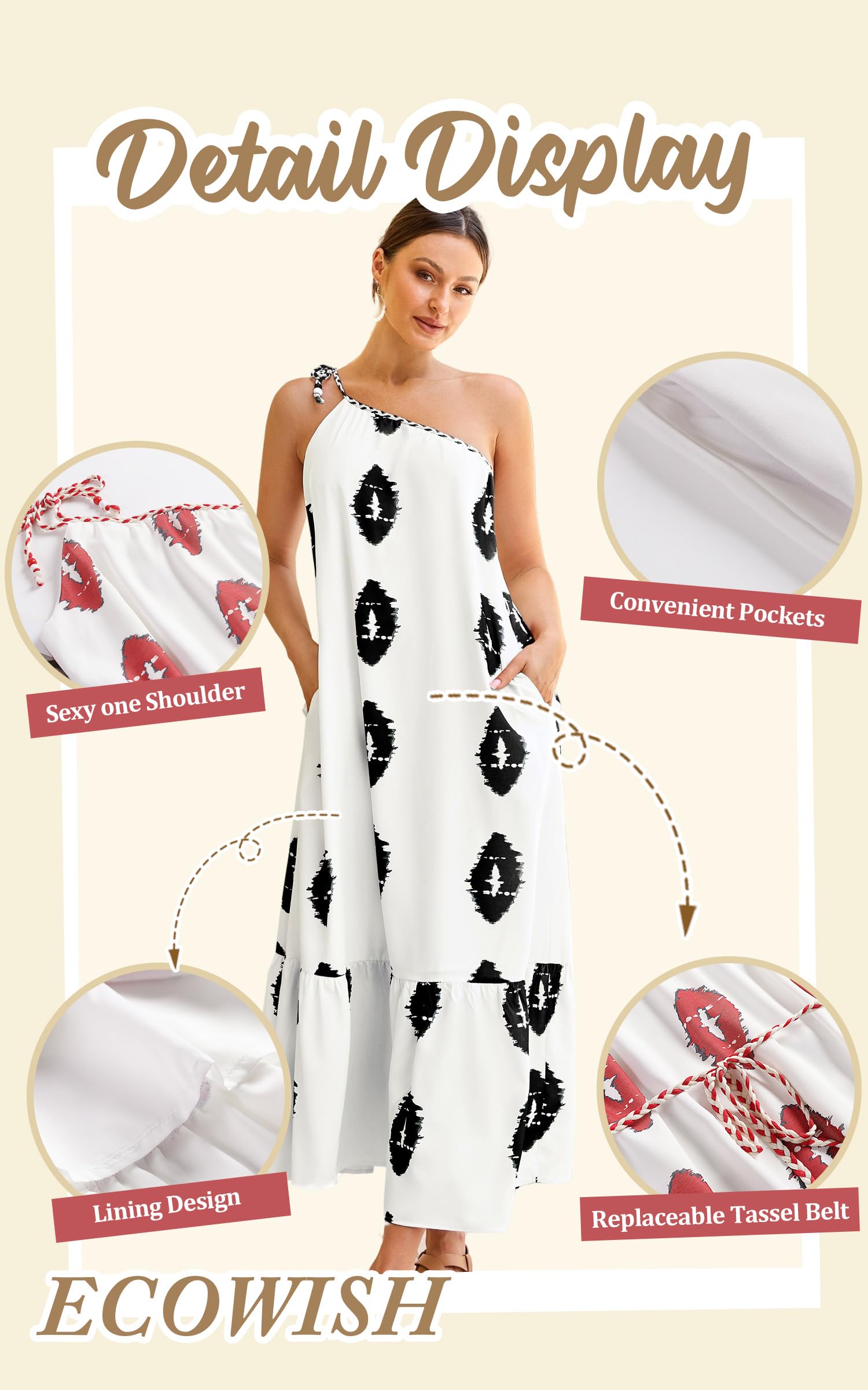 ECOWISH Women's Summer Maxi Dress - Casual One Shoulder Midi Dress with Pockets | Boho Beach Vacation & Resort Wear | Flowy Long Sundress for Pool Parties, Date Nights & Tropical Getaways 2025