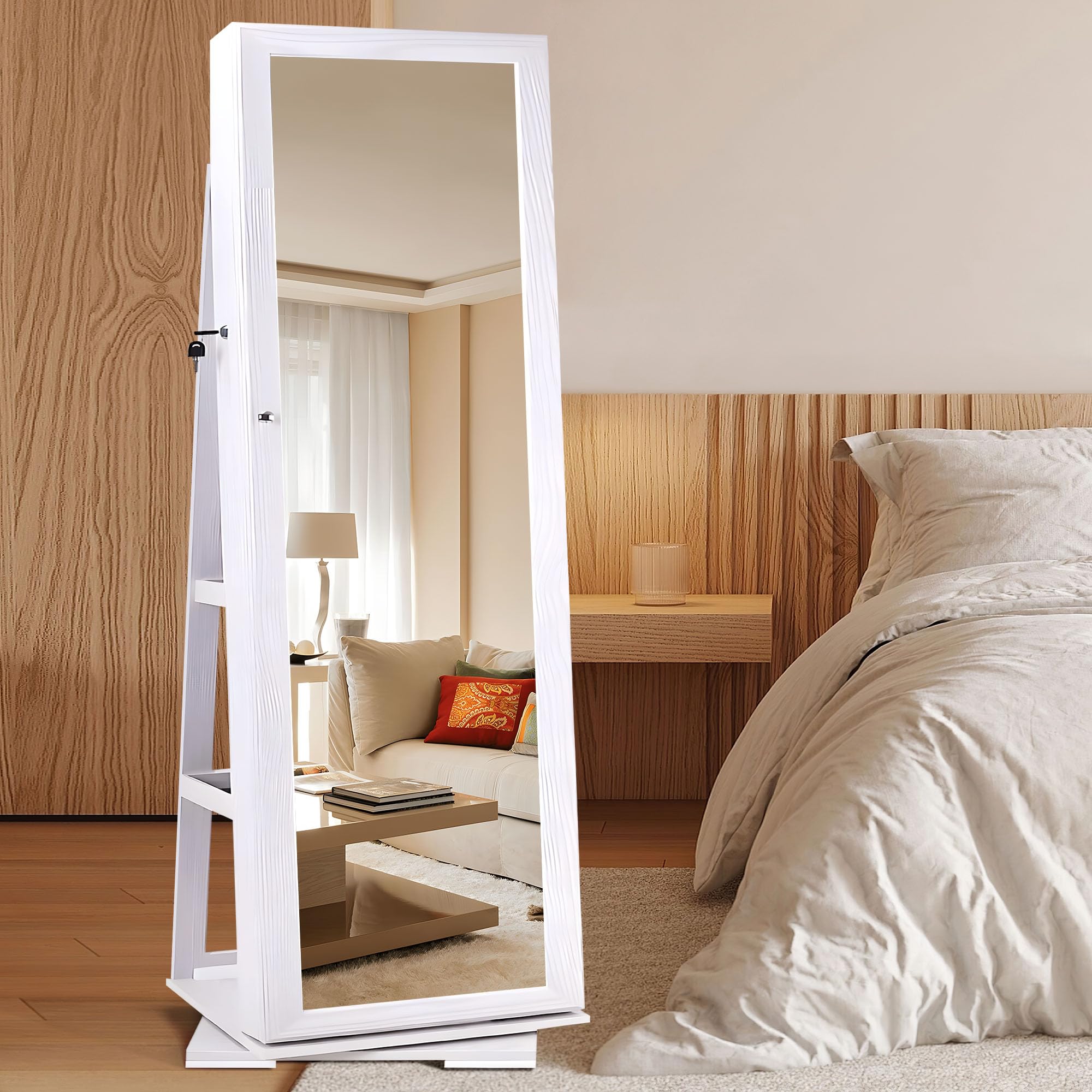 SOGES 360° Swivel Full Length Jewelry Mirror Cabinet with Lockable Storage & Rotating Organizer - White | Standing Mirror with Back Shelves for Jewelry Display & Bedroom Decor