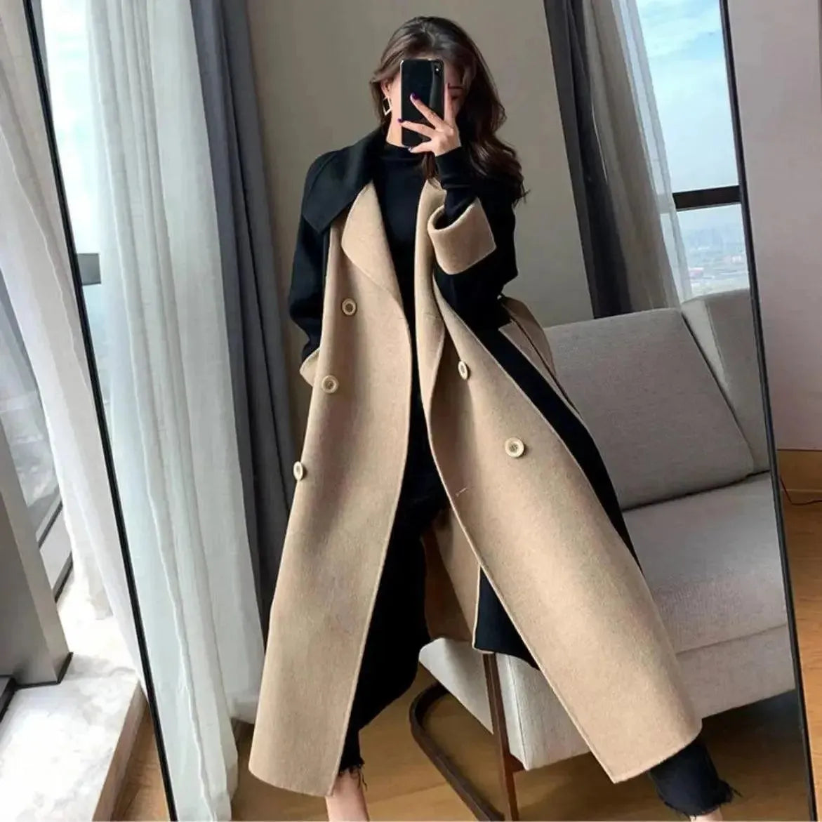 Stylish Women's Wool Blend Patchwork Trench Coat | Fashionable Winter Long Coat with Unique Design | Perfect for Office, Dating & Outdoor Activities