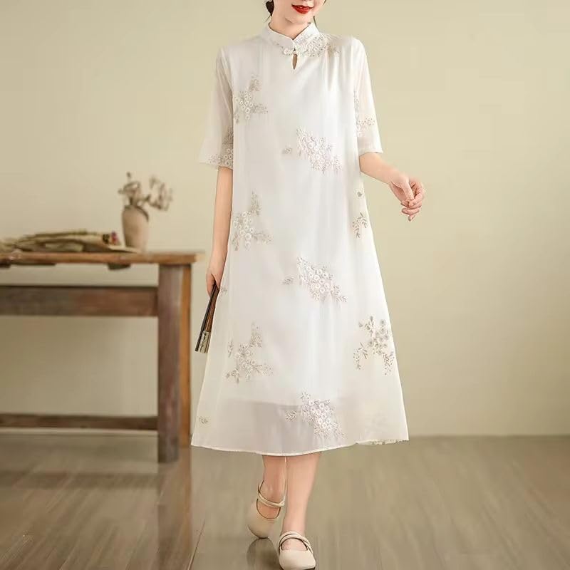 JYHBHMZG Women's Embroidered Linen Summer Dress - Chinese Style Stand Collar Long Sleeve Ethnic Maxi Dress for Casual Wear, Vacation & Cultural Events