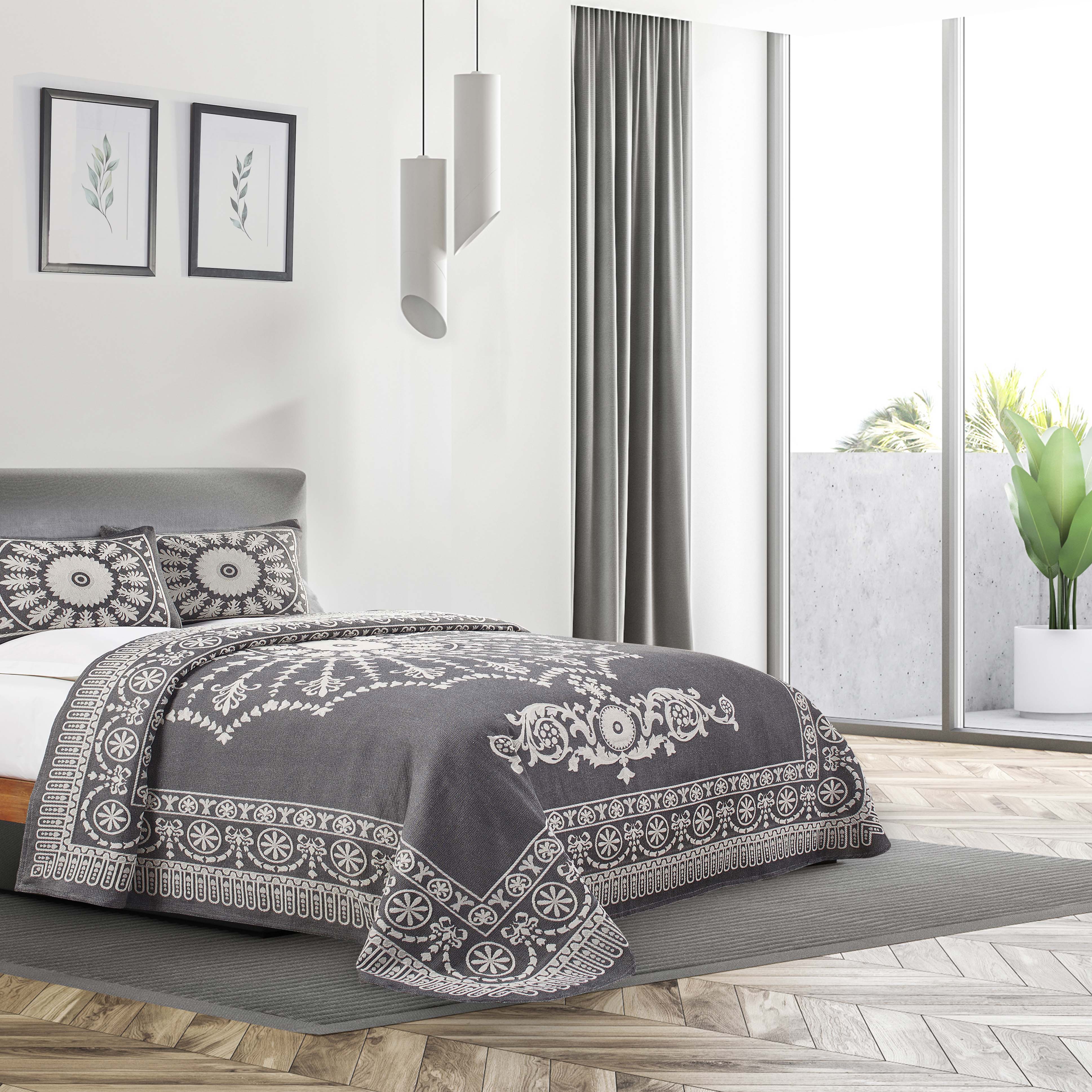 Traditional Medallion Cotton Blend Woven Jacquard Bedspread Set - Queen Size 3-Piece Luxury Bedding for Master Bedroom & Guest Room Decor